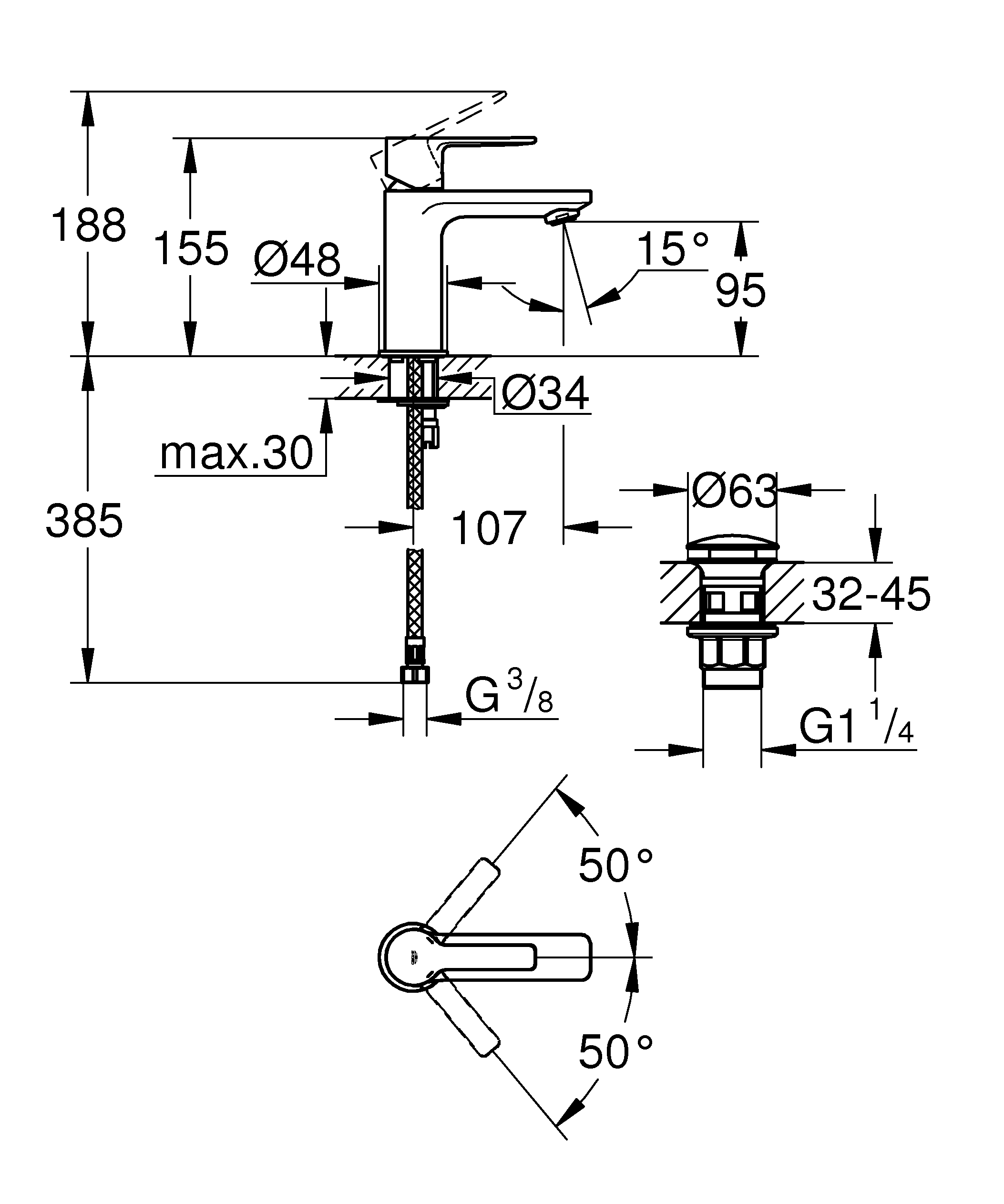 Baterie lavoar Grohe 23791001, Lineare, tip comanda monocomanda, tip instalare pe lavoar, pe blat, crom [1]