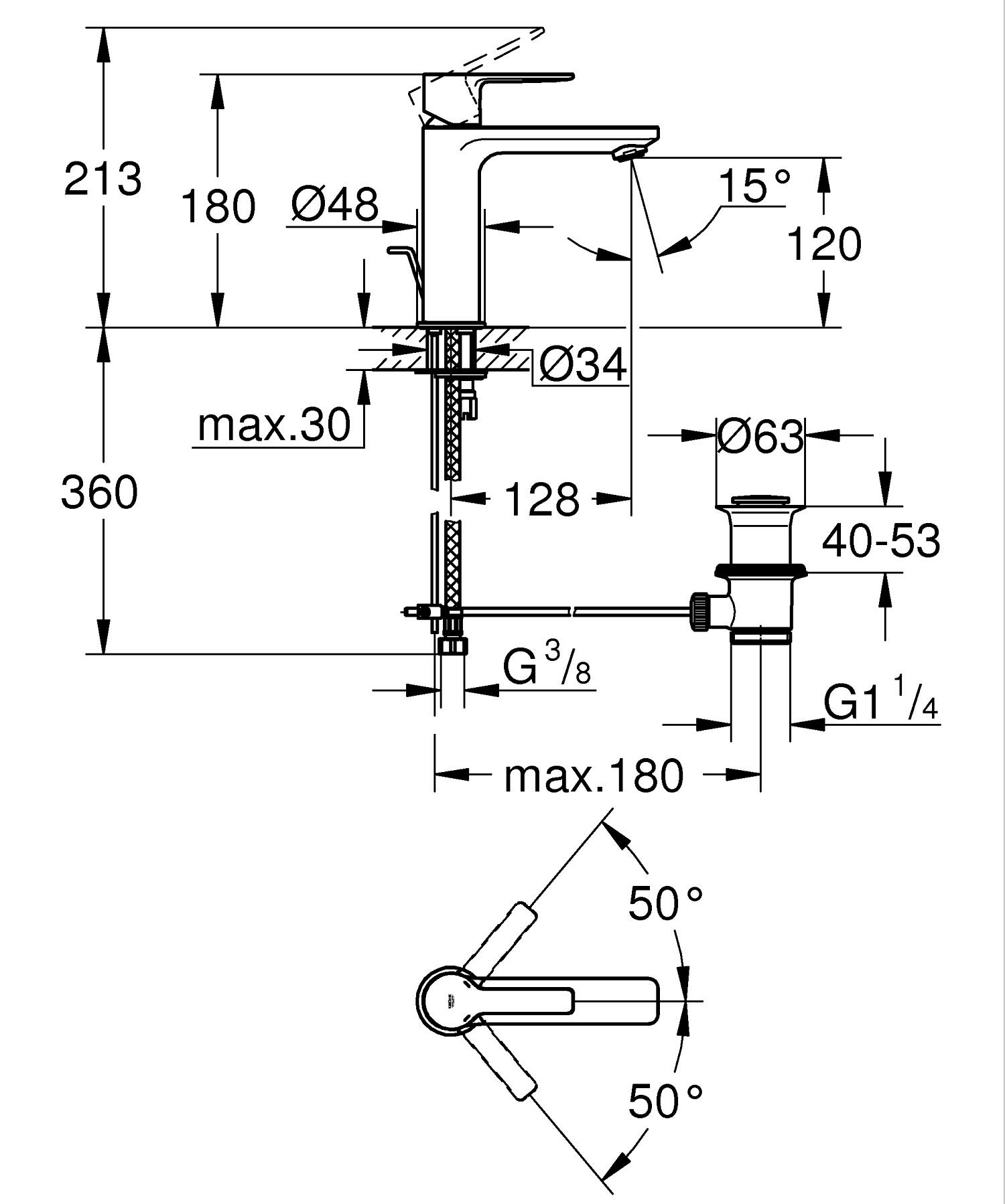 Baterie lavoar Grohe 321142431, Lineare, tip comanda monocomanda, marime m, tip instalare pe blat, pe lavoar, negru [8]
