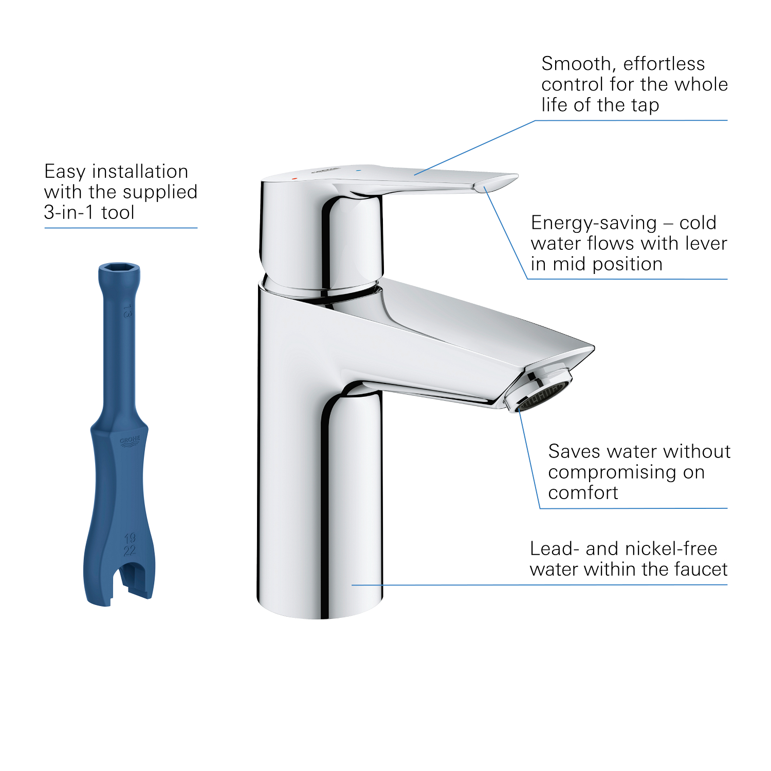 Baterie lavoar Grohe 23551002, Start, tip comanda monocomanda, tip instalare pe lavoar, pe blat, crom [5]
