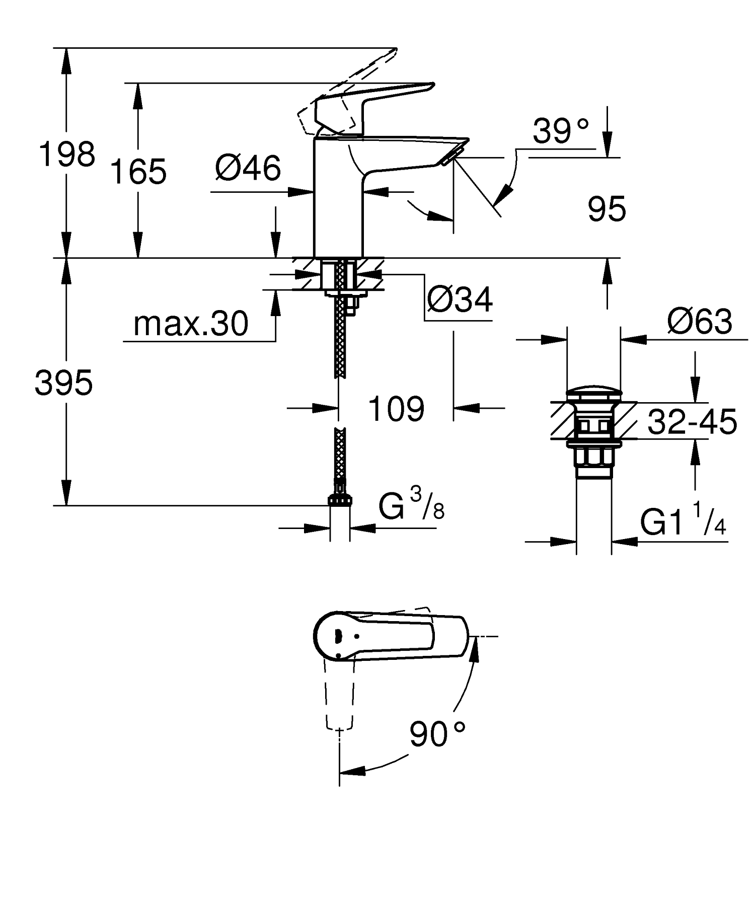 Baterie lavoar Grohe 23551002, Start, tip comanda monocomanda, tip instalare pe lavoar, pe blat, crom [6]