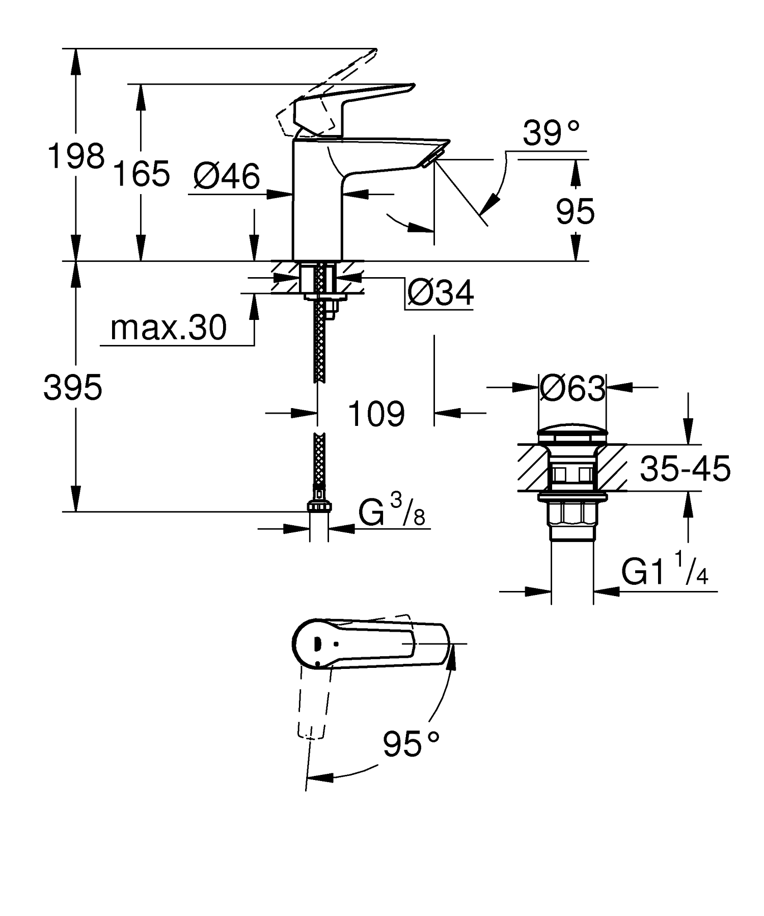Baterie lavoar Grohe 235512432, Start, tip comanda monocomanda, tip instalare pe lavoar, marime m, negru [4]