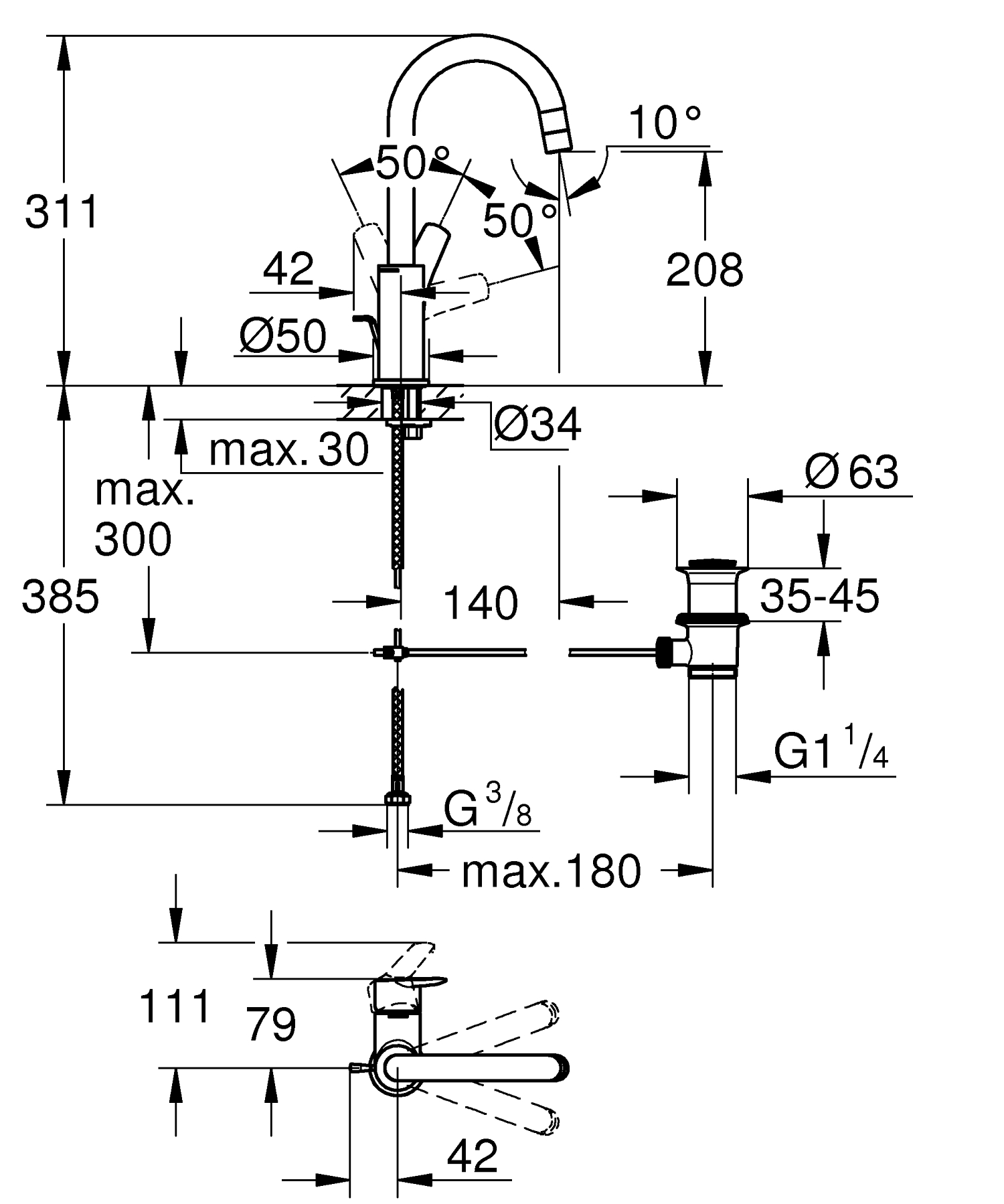 Baterie lavoar Grohe 23554002, Start, tip comanda monocomanda, tip instalare pe blat, pe lavoar, crom [5]