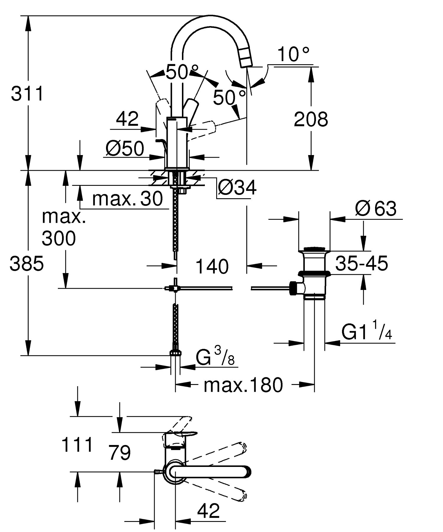 Baterie lavoar Grohe 24203002, Start, tip comanda monocomanda, tip instalare pe blat, marime l, crom [7]