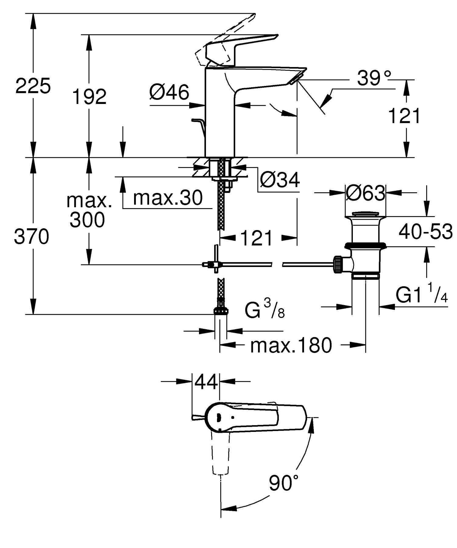 Baterie lavoar Grohe 23552002, Start, tip comanda monocomanda, tip instalare pe lavoar, pe blat, crom [8]
