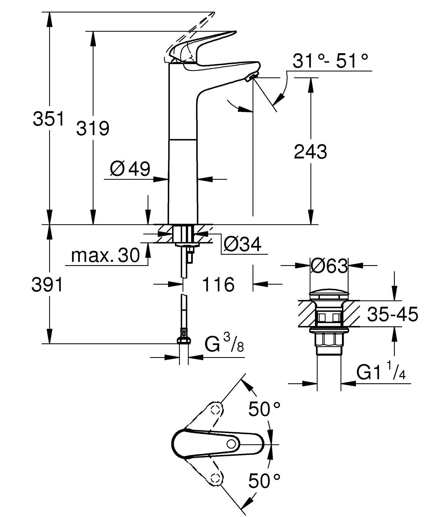 Baterie lavoar Grohe 24331001, Swift, tip comanda monocomanda, tip instalare pe blat, marime xl, crom [4]