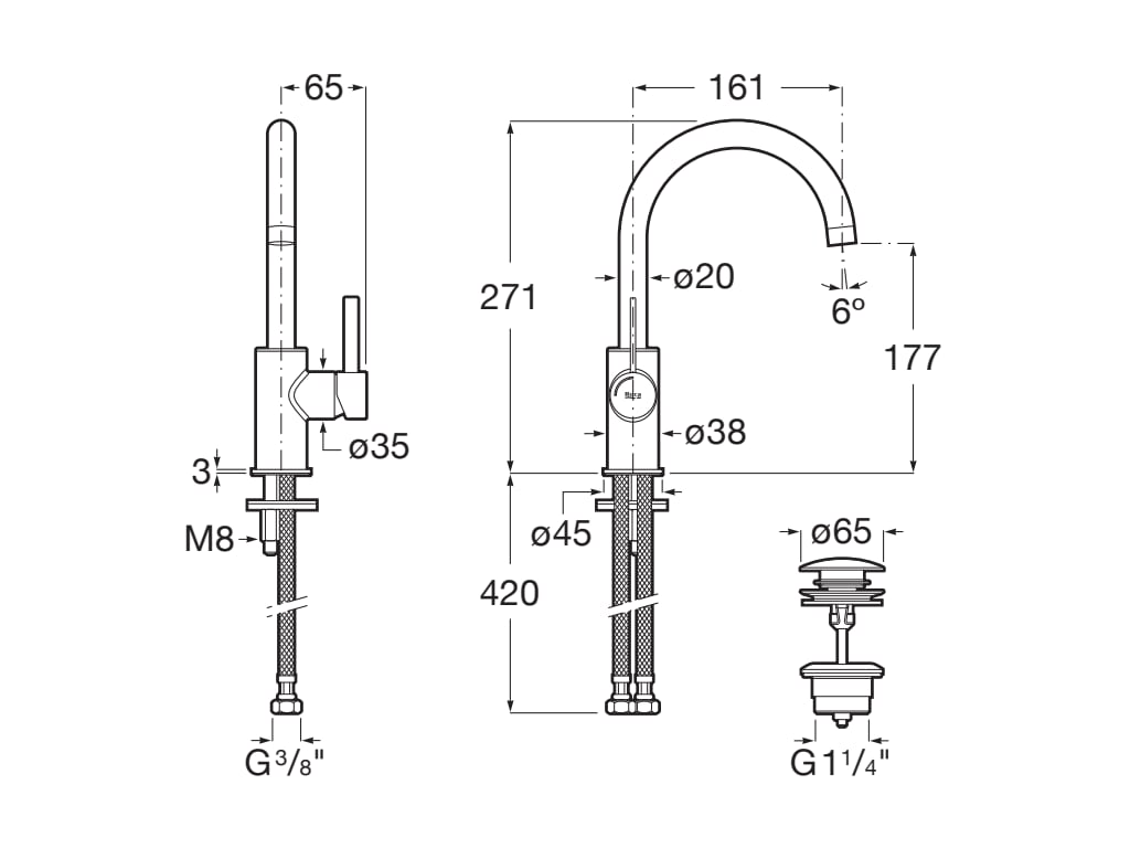 Baterie lavoar Roca A5A4A9EVA0, ONA, tip comanda monocomanda, marime l, tip instalare pe blat, pe lavoar, auriu [1]