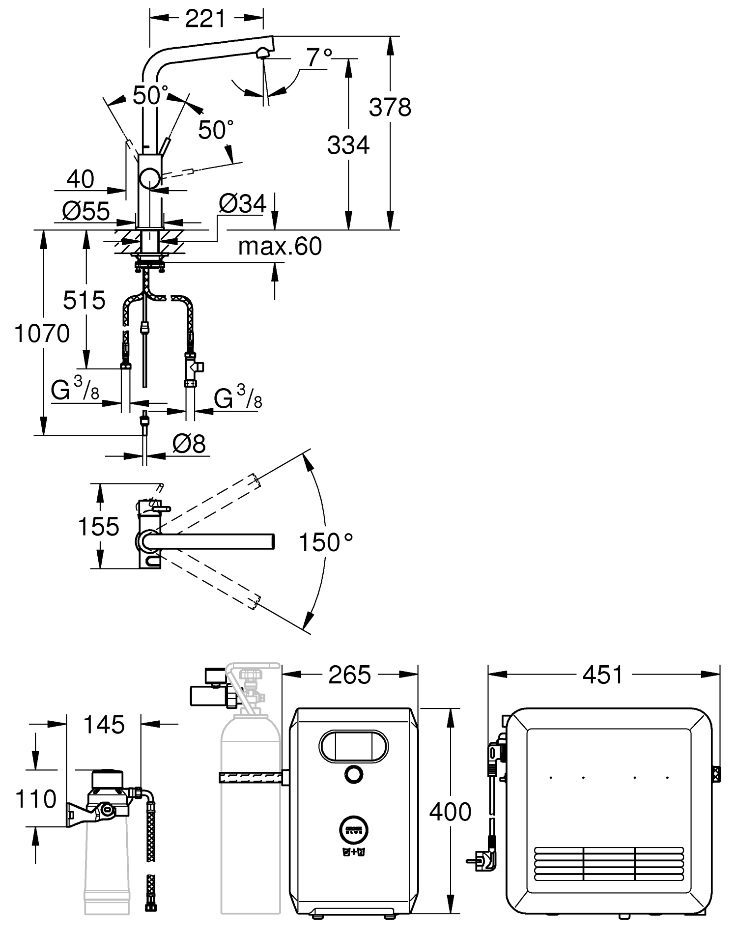 Baterie cu filtrare, Baterie apa minerala Grohe 31347003, bucatarie Blue Professional, tip comanda dubla comanda, crom [2]