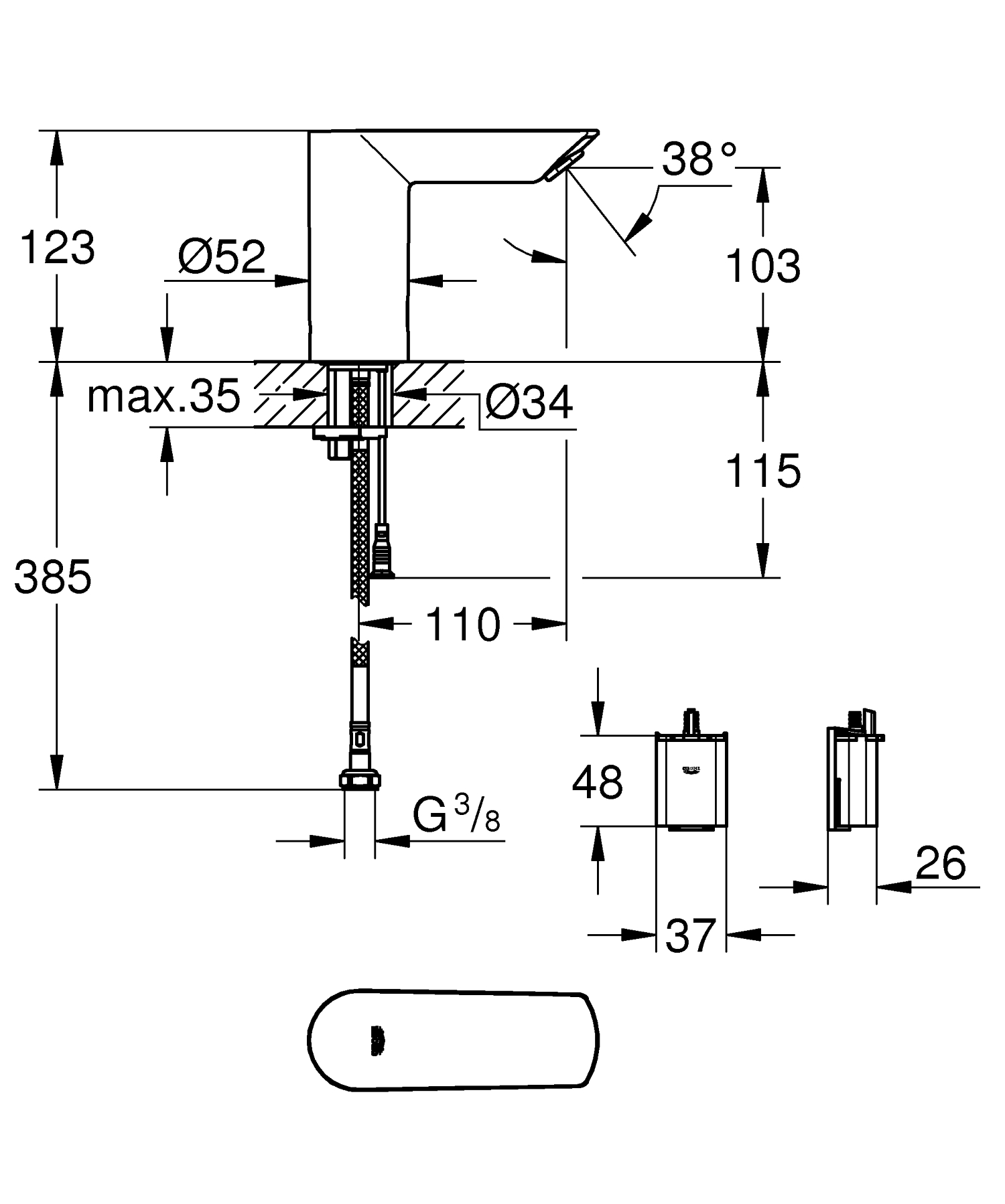 Baterie cu senzor Grohe 36452000, pentru lavoar, montaj pe blat, pe lavoar, tip alimentare baterie 6v, crom [3]