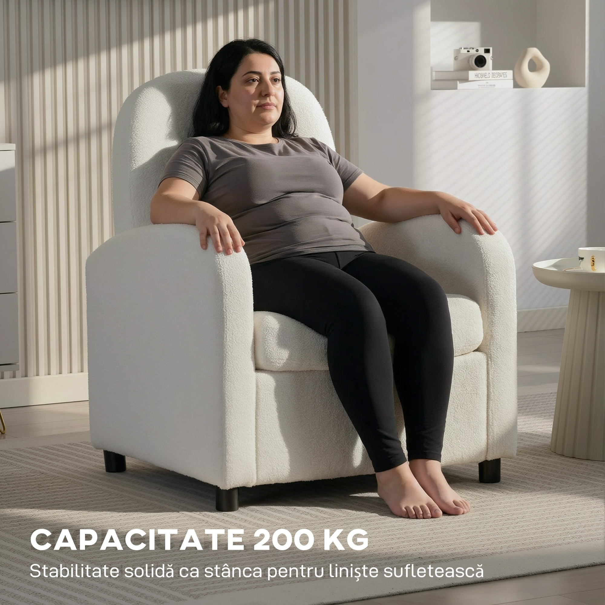  Fotoliu de Salon Tapitat cu Spatiu de Depozitare Ascuns, Spatar inalt, Fotoliu Modern cu Cotiere, Perna Lombara si sezut Spatios, din Plus Teddy, pentru Dormitor si Sufragerie, Crem [6]