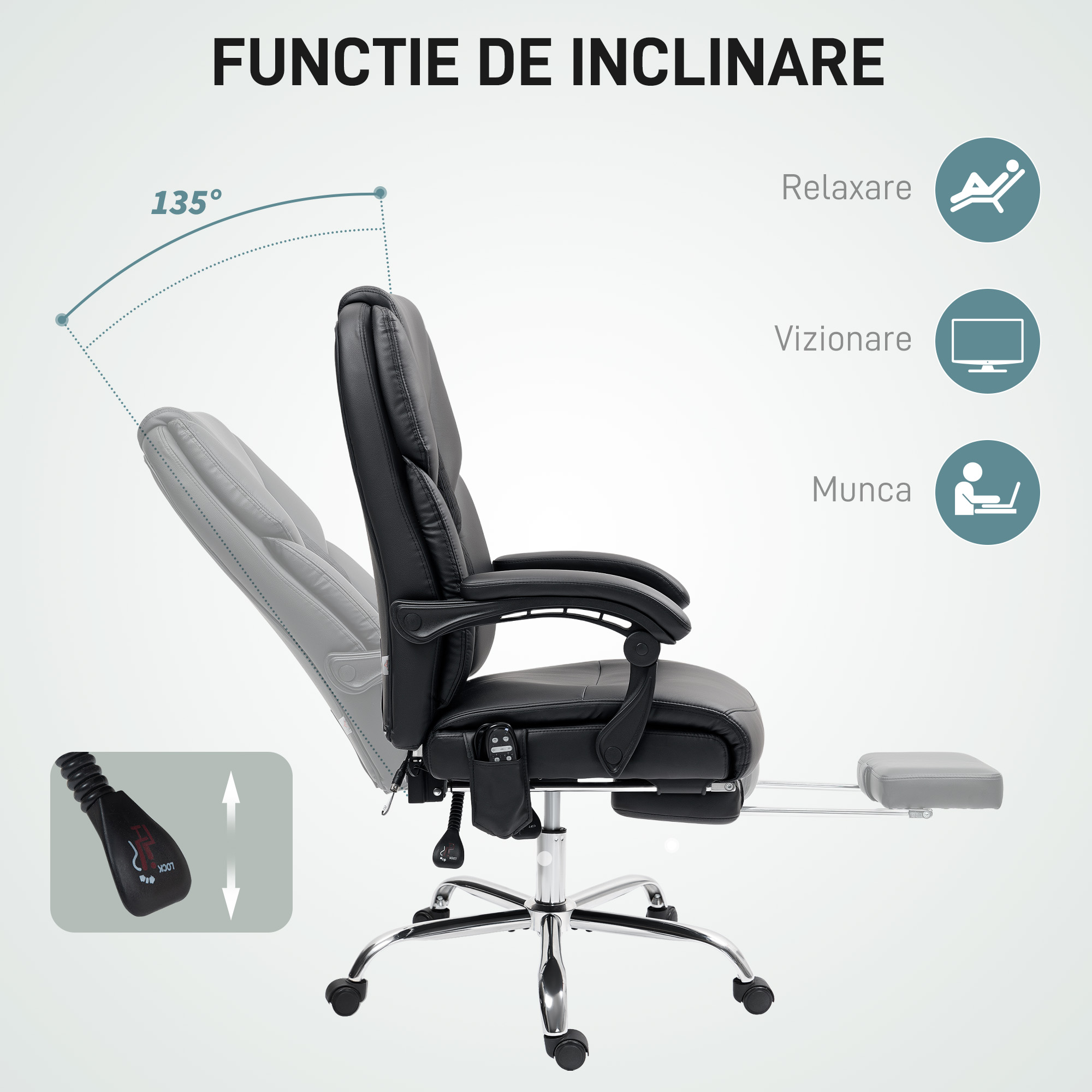  Scaun de Birou cu Masaj prin Vibratii, Spatar inalt si inaltime Reglabila, 66x64x113-121 cm, Negru [6]