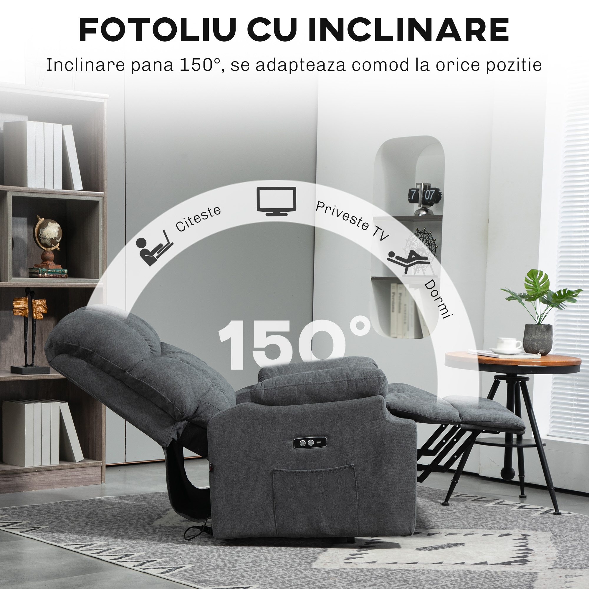  Fotoliu reclinabil pentru ridicare, cu suport pentru picioare, din material textil cu efect de in, 84x96x100 cm, gri inchis [5]