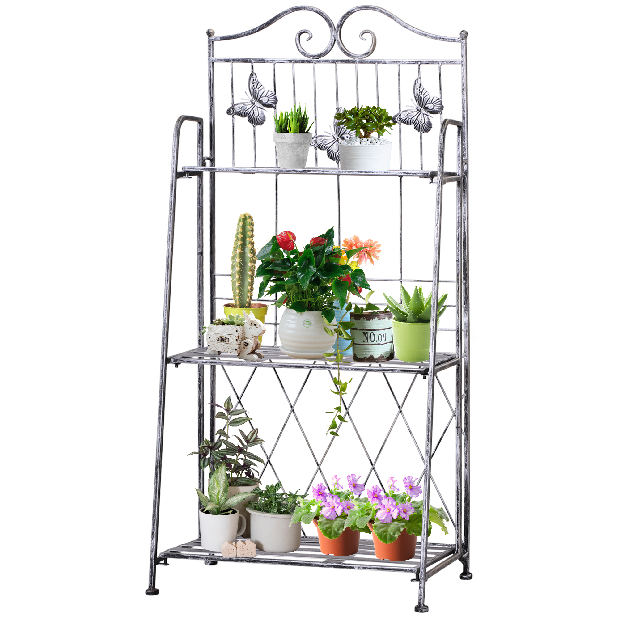 Living & hol -  Rafturi pentru ghiveci cu 3 nivele pentru Gradina Balcon Intern, Gri Argintiu, 44 x 25 x96cm