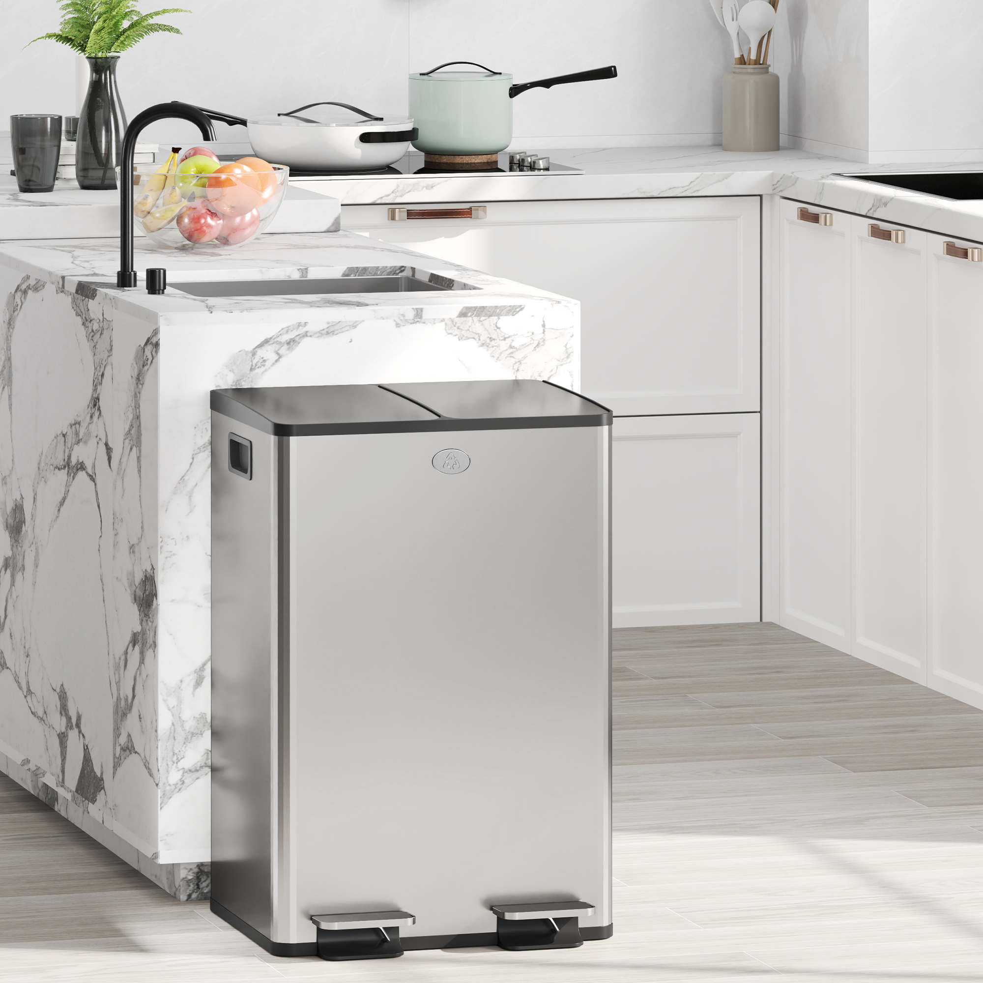  Cos de Gunoi 2 x 20L cu Pedala, din Otel, pentru Bucatarie, cu Capac cu inchidere Usoara, Recipiente Interioare Detasabile, Rezistent la Urmele de Degete, Argintiu [1]