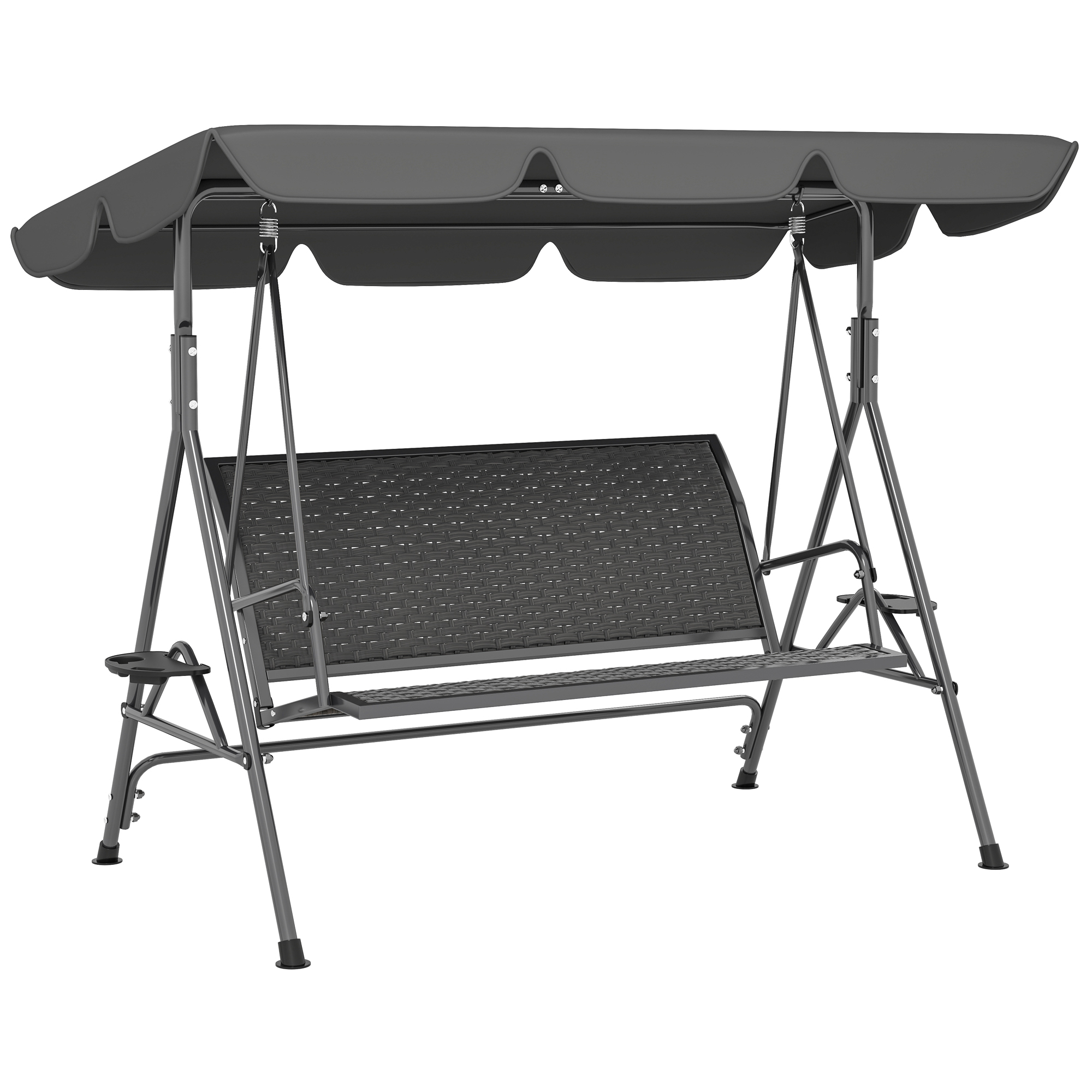 Gradina & balcon -  Balansoar de Gradina 3 Locuri din Ratan PE cu Acoperis Reglabil si Suporturi pentru Pahare, Balansoar de Exterior cu Cadru din Otel, Capacitate 320 kg, 204x112x150 cm, Gri