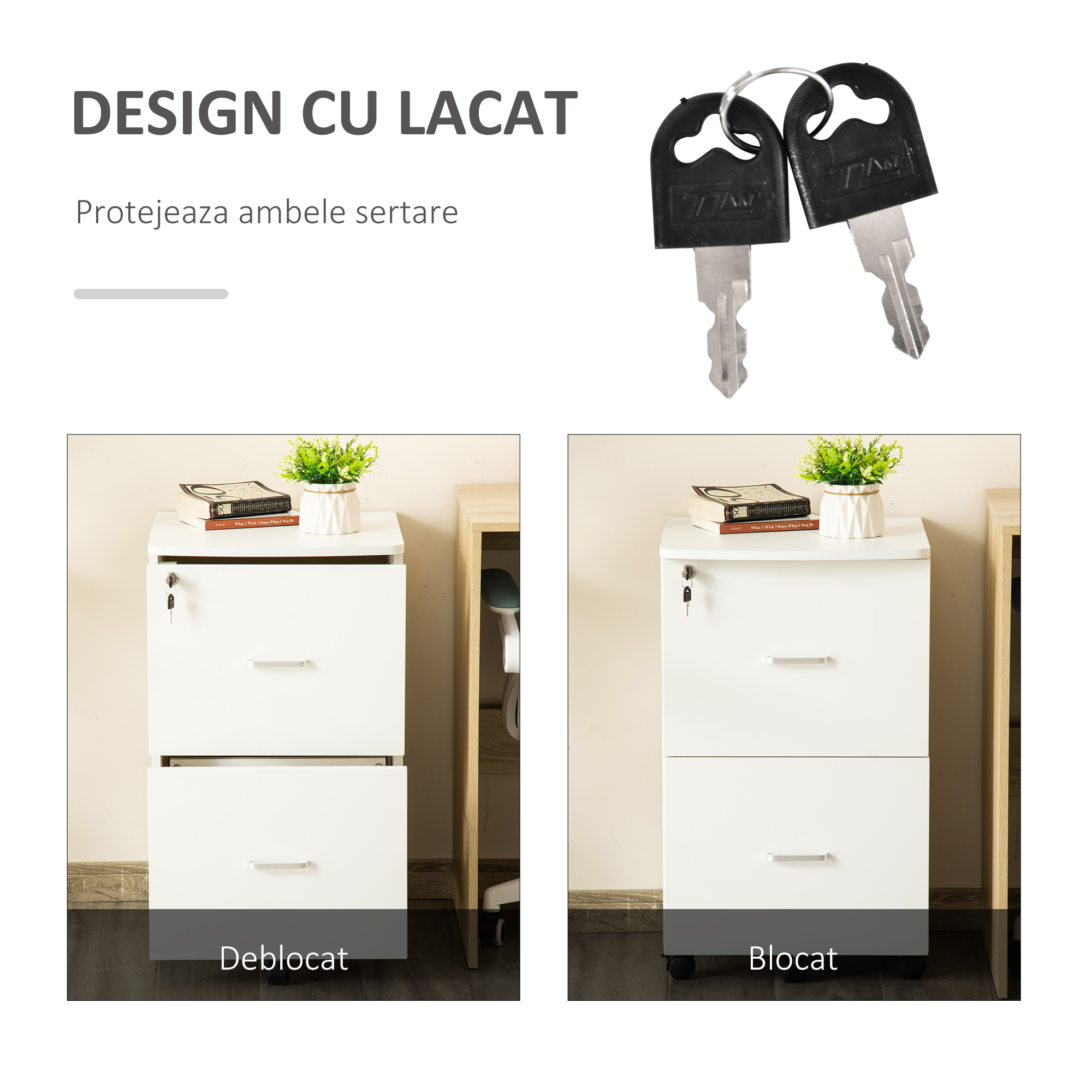  Dulap mobil pentru dosare cu 2 sertare, cu blocare, dulap de birou din lemn cu roti de blocare pentru A4, Letter, alb [3]