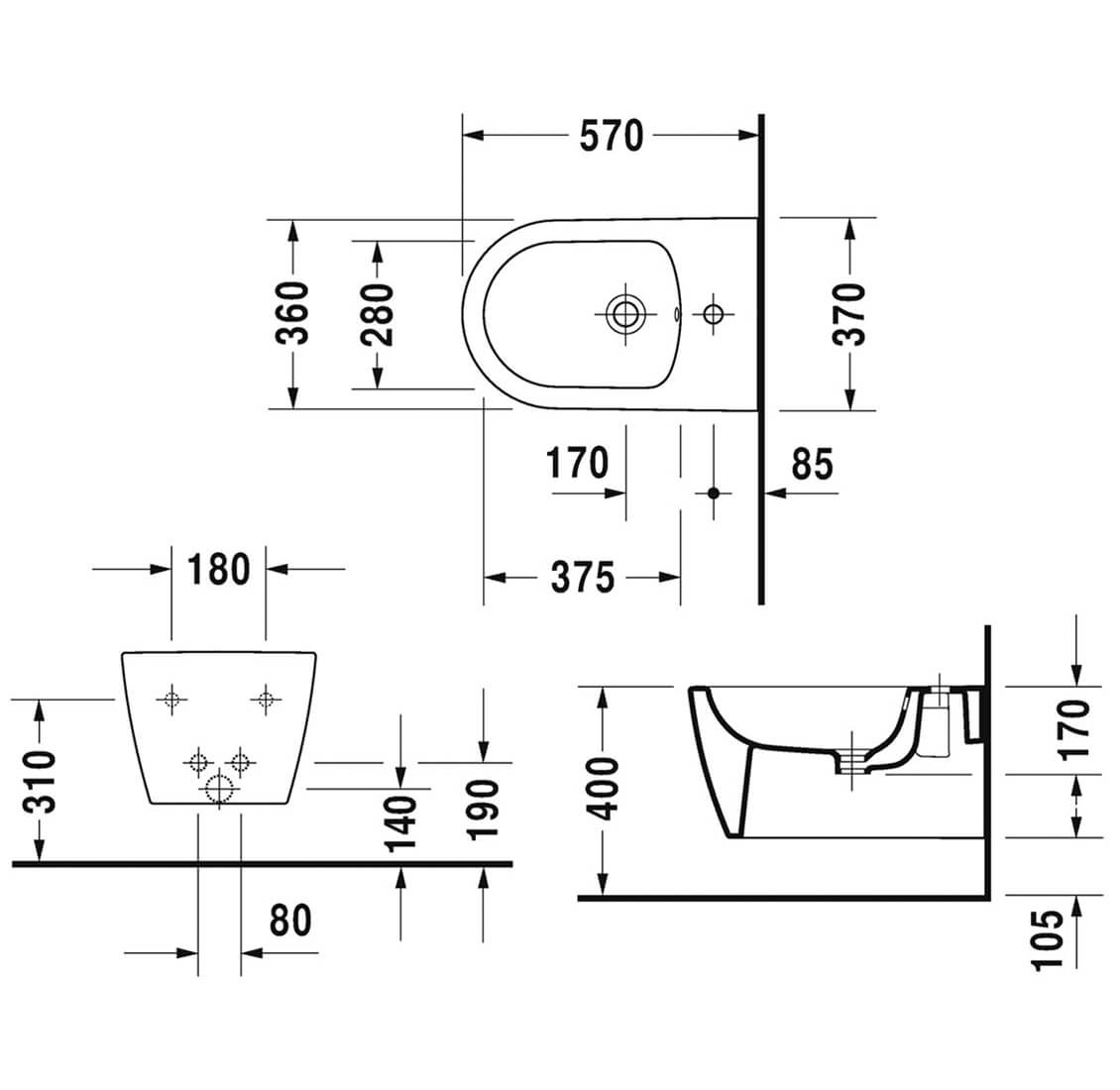 Bideu Duravit 2288150000, Me by Starck, montaj suspendat, zona montaj interior, elemente fixare ascunse, alb [6]