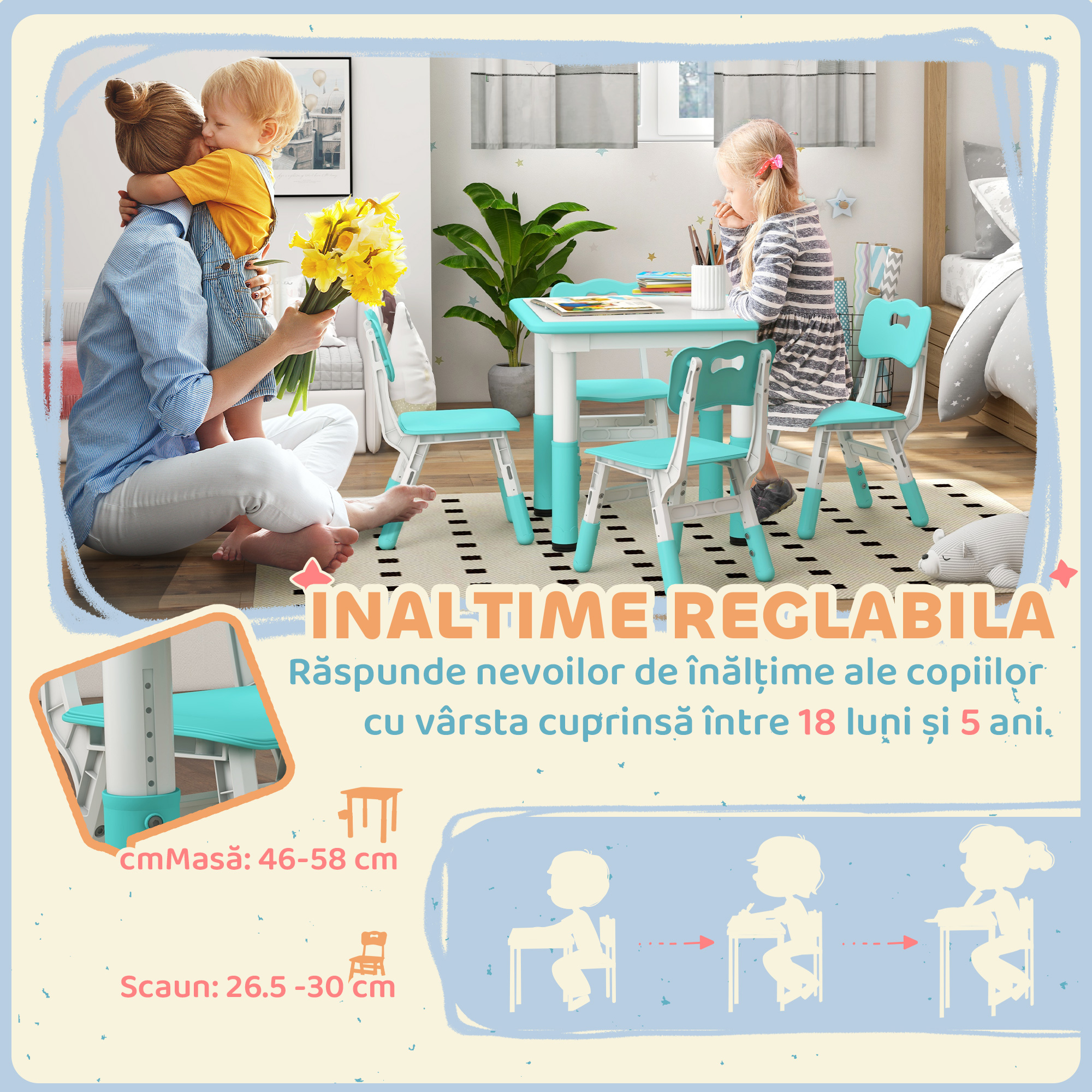  Set Masuta si Scaune pentru Copii 18-60 Luni cu inaltime Reglabila si Tabla de Scris, 60x60x46-58 cm, Verde [3]