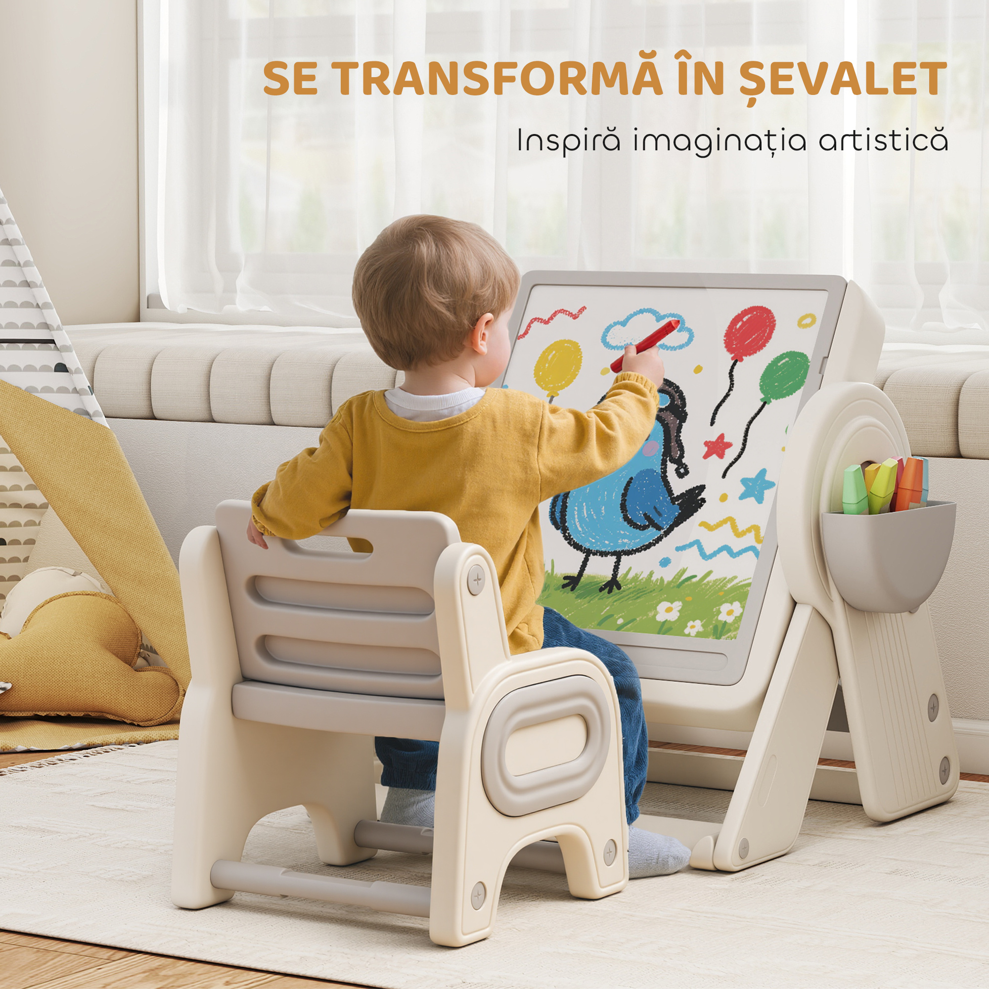  Masa Multifunctionala pentru Copii cu Raft de Depozitare si Sertare, din HDPE si PP, Gri si Alb [4]