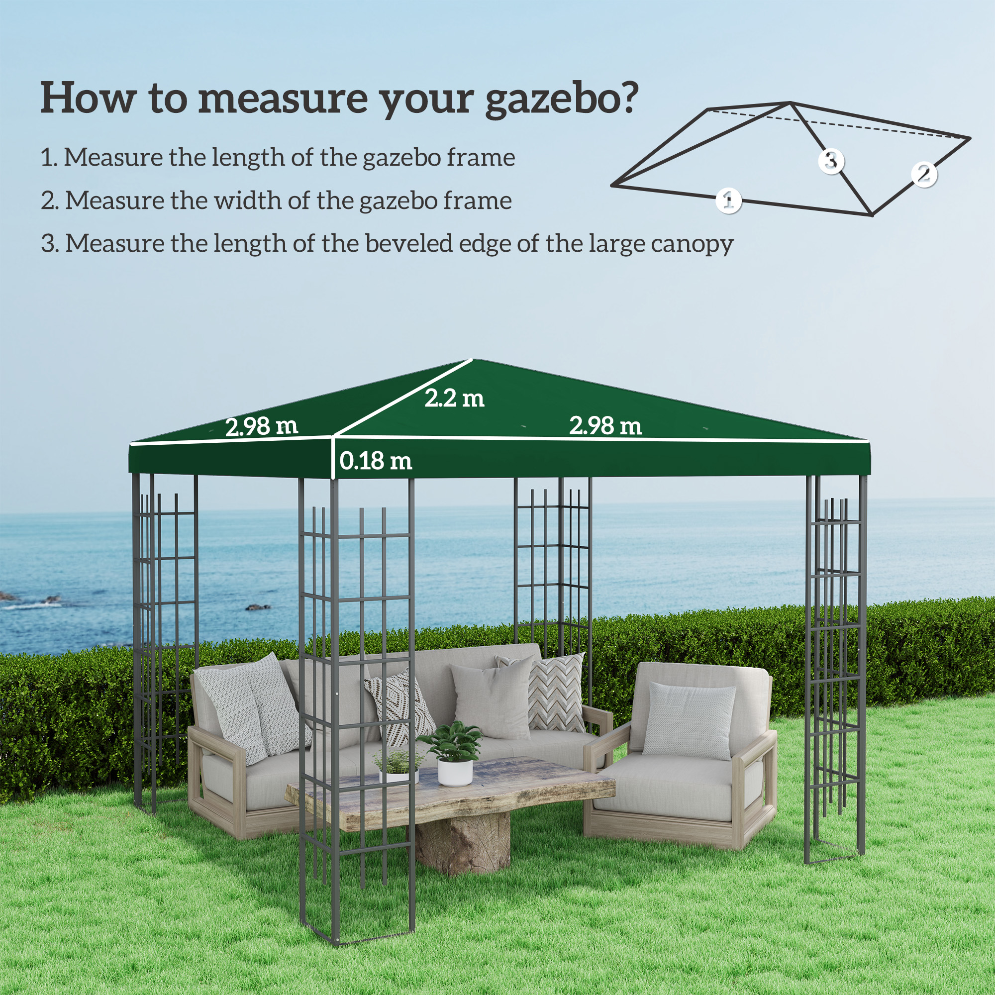  Acoperis pentru Foisor de Gradina 3x3 m din Material Textil Oxford 600D cu Orificii de Drenaj, Verde [2]