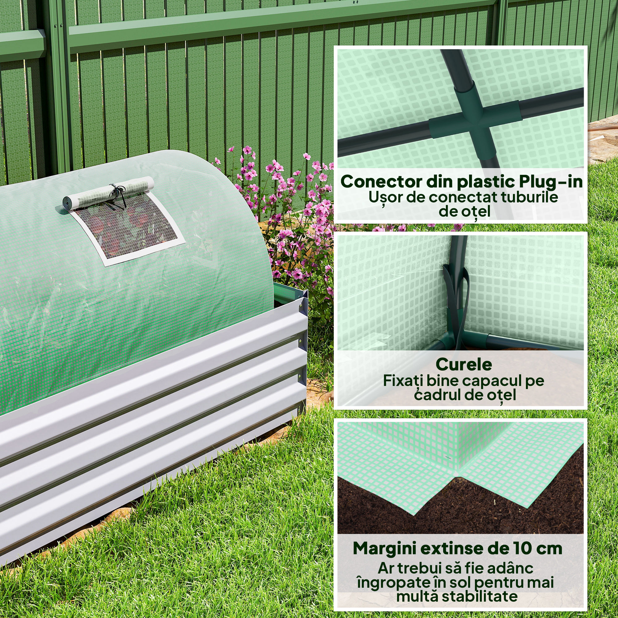  Sera mica cu 5 ferestre si grilaj central, din otel, PE si PP, 300x80x45 cm, verde [5]