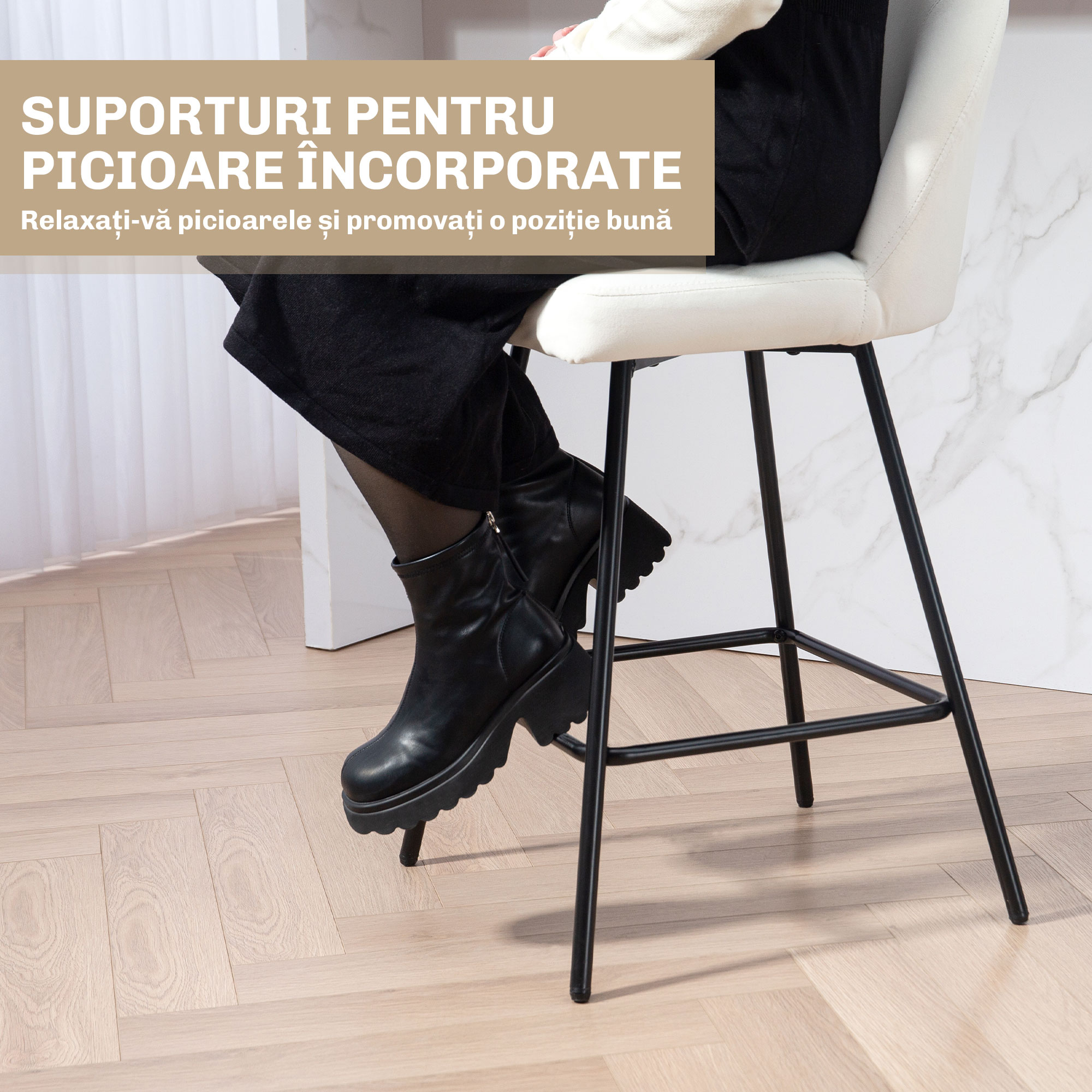  Set 2 Scaune de Bar cu Spatar din Catifea si Suport pentru Picioare, 48.5x56x92 cm, Alb Crem [4]