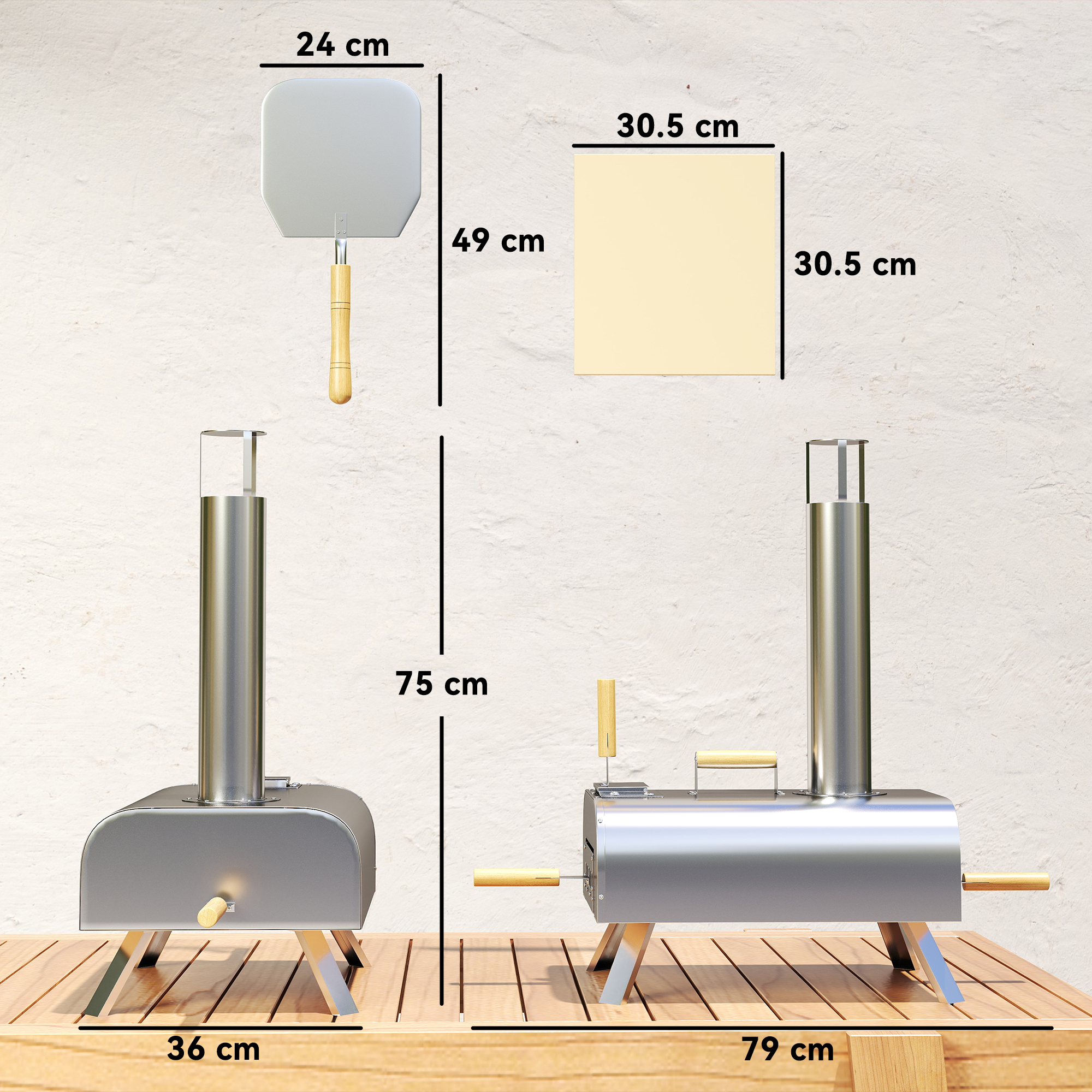  Cuptor pentru Pizza pe Pelete de Lemn cu Piatra Refractara si Lopata, din Otel Inoxidabil, 79x36x75 cm, Argintiu [2]