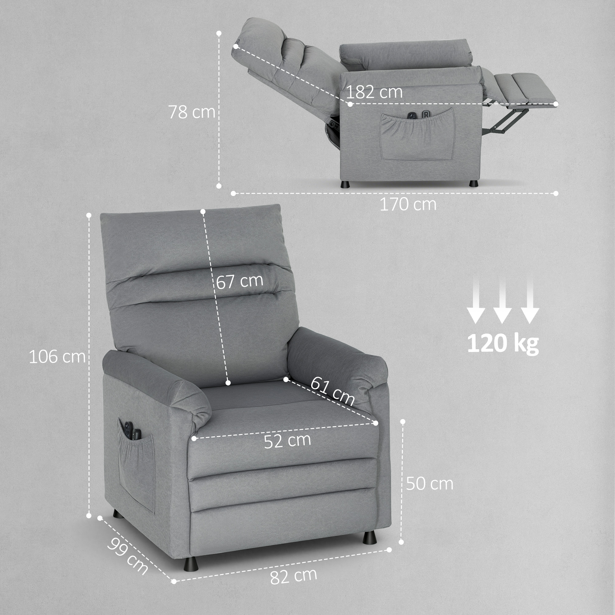  Fotoliu Reclinabil cu 8 Puncte de Masaj si 5 Moduri, Poggiapiedi, incalzire, Material Catifelat, Gri [2]