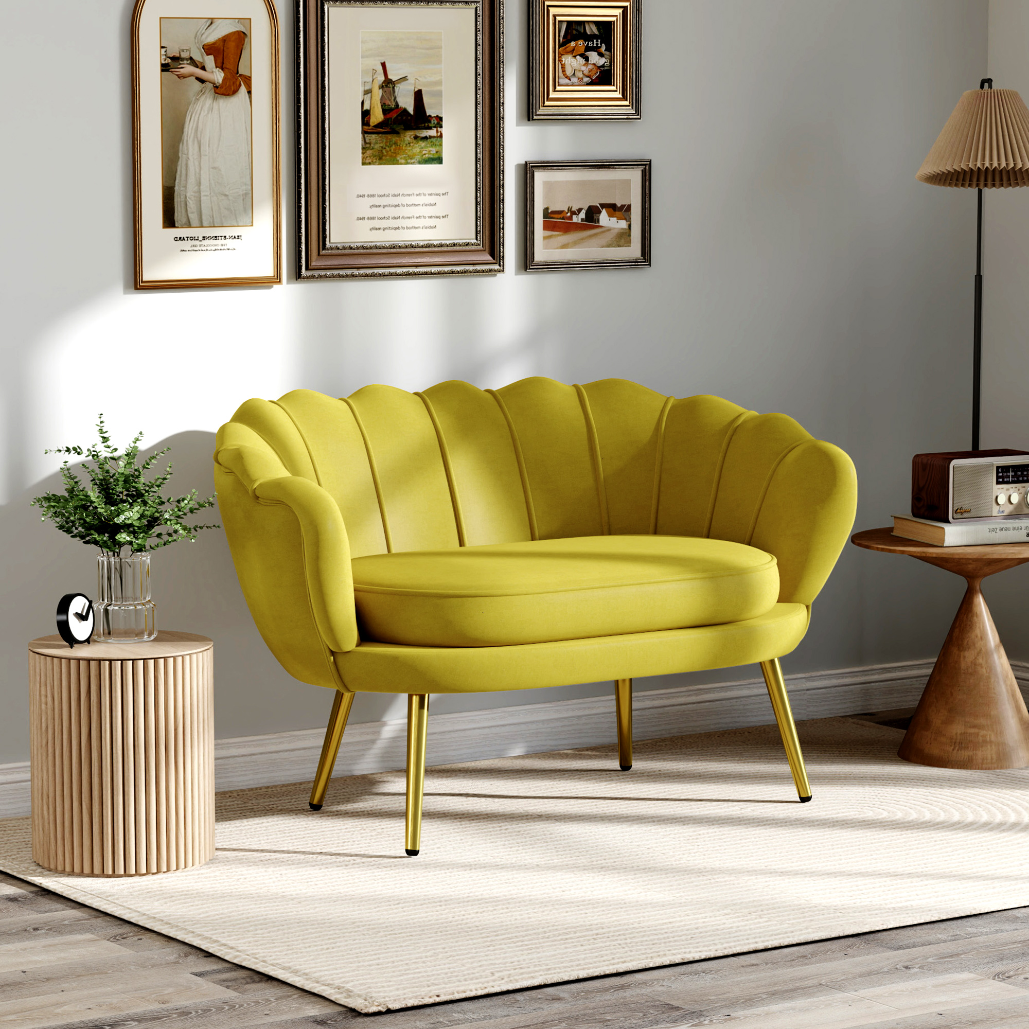  Canapea Moderna de 2 Locuri cu Brate si sezut Captusit, pentru Dormitor si Sufragerie, 130x77x77 cm, Galben [7]