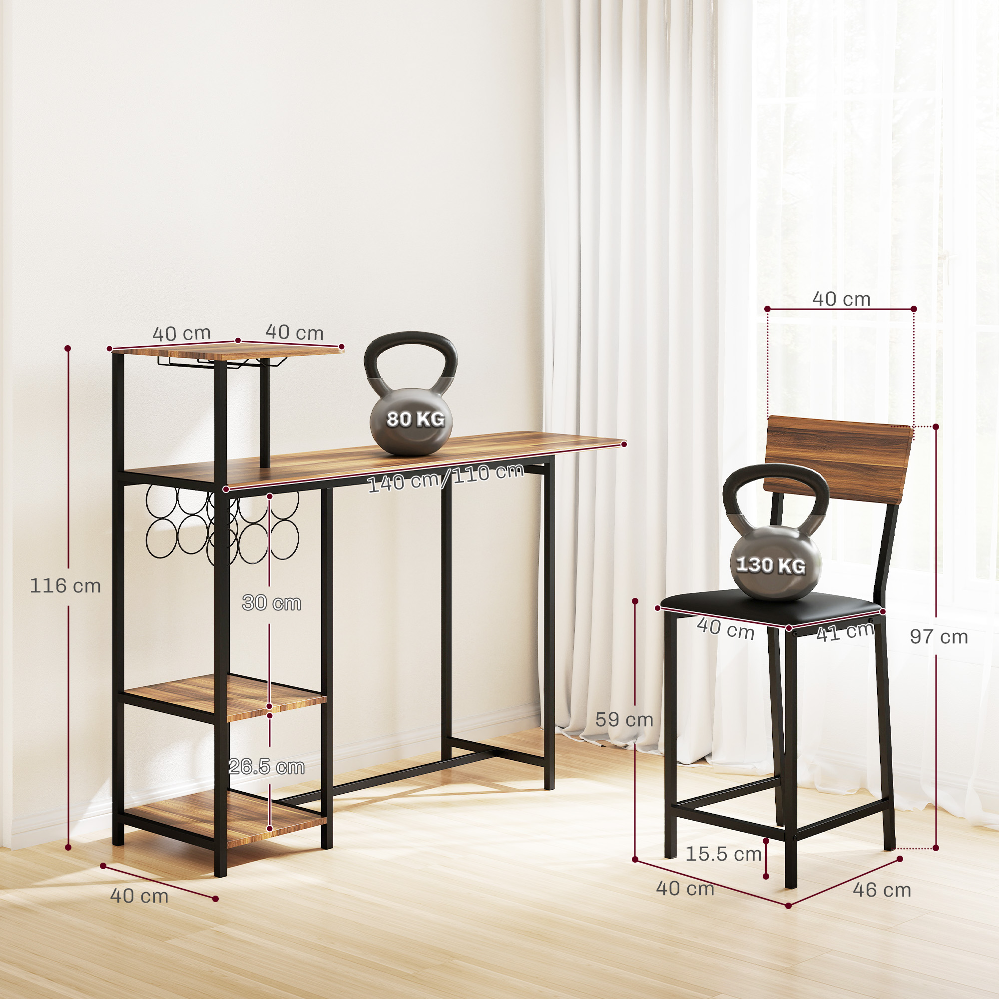  Set Blat de Bar Pliabil si 2 Scaune, Suport Vin si Pahare, Maro [2]