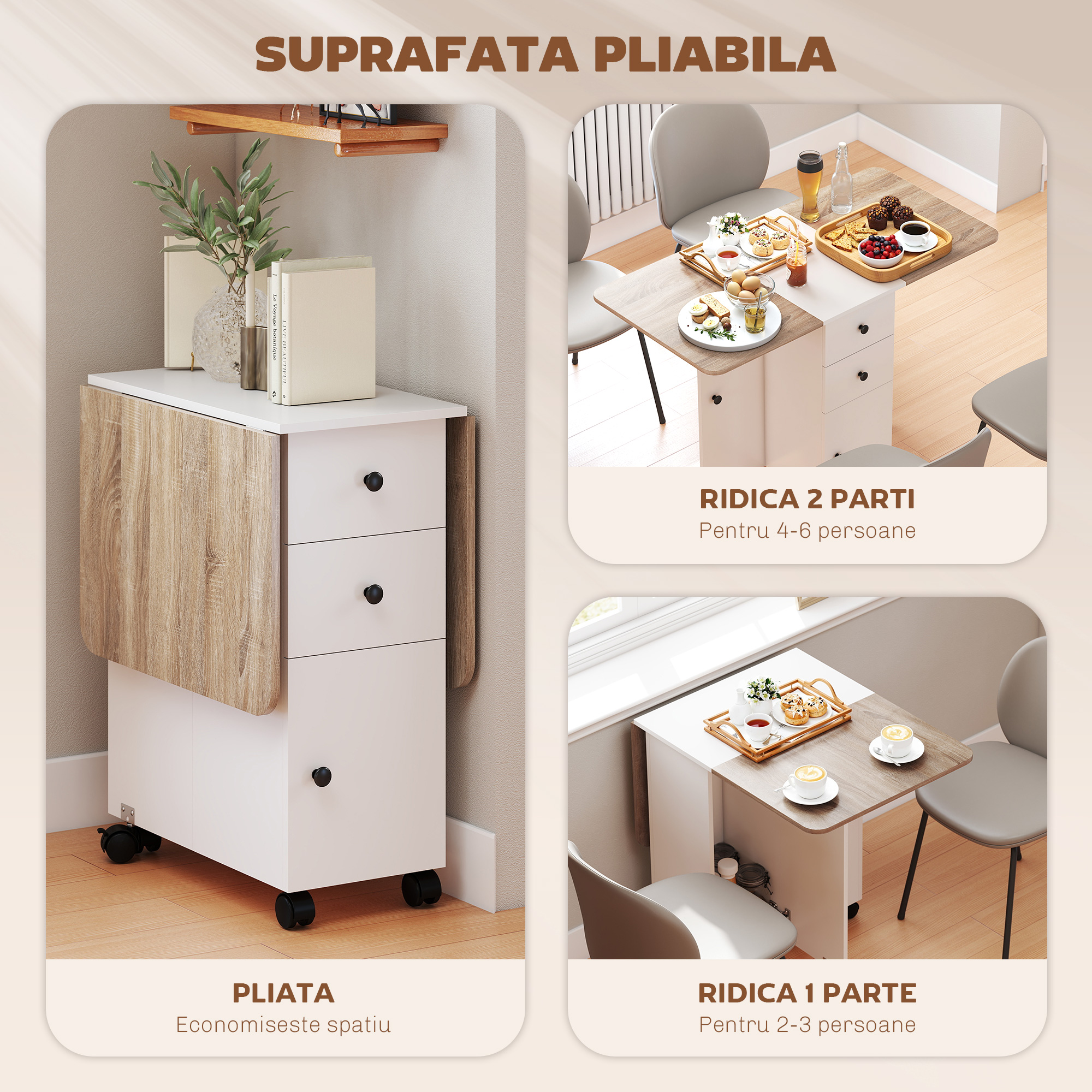  Masa pliabila cu 2 sertare si dulap, 6 roti si frane, 120x60x76.5 cm, alb si stejar [4]