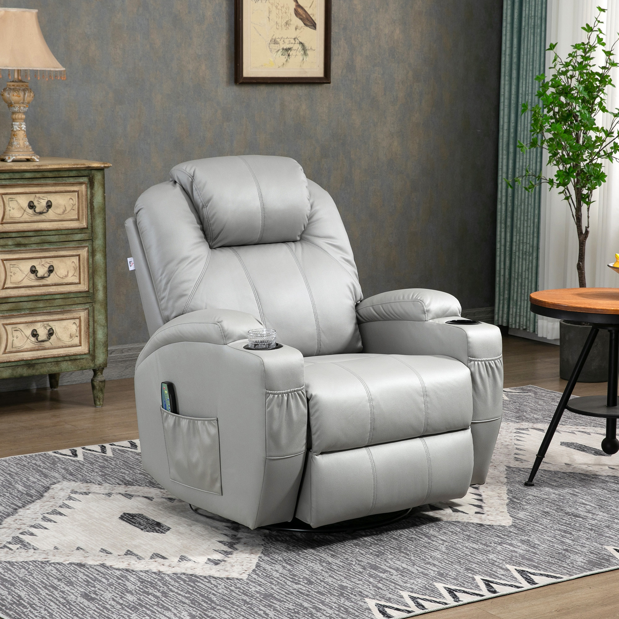 Fotoliu de Masaj si Reclinabil cu Suport pentru Picioare si Telecomanda, din Piele PU, 89x99x106 cm, Gri [1]