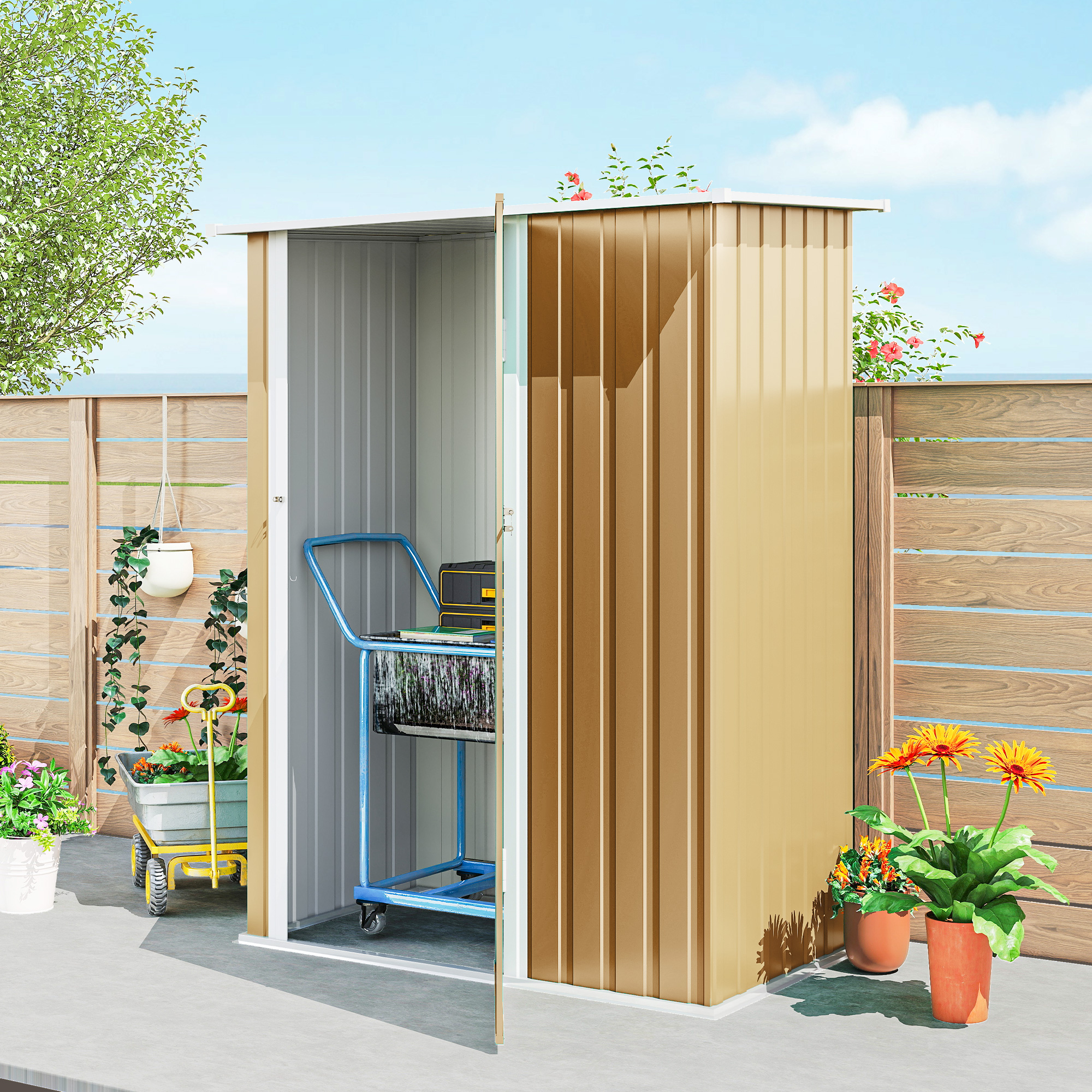  Magazie pentru unelte din metal cu acoperis inclinat si usa blocabila, 142x86x189 cm, galben [8]