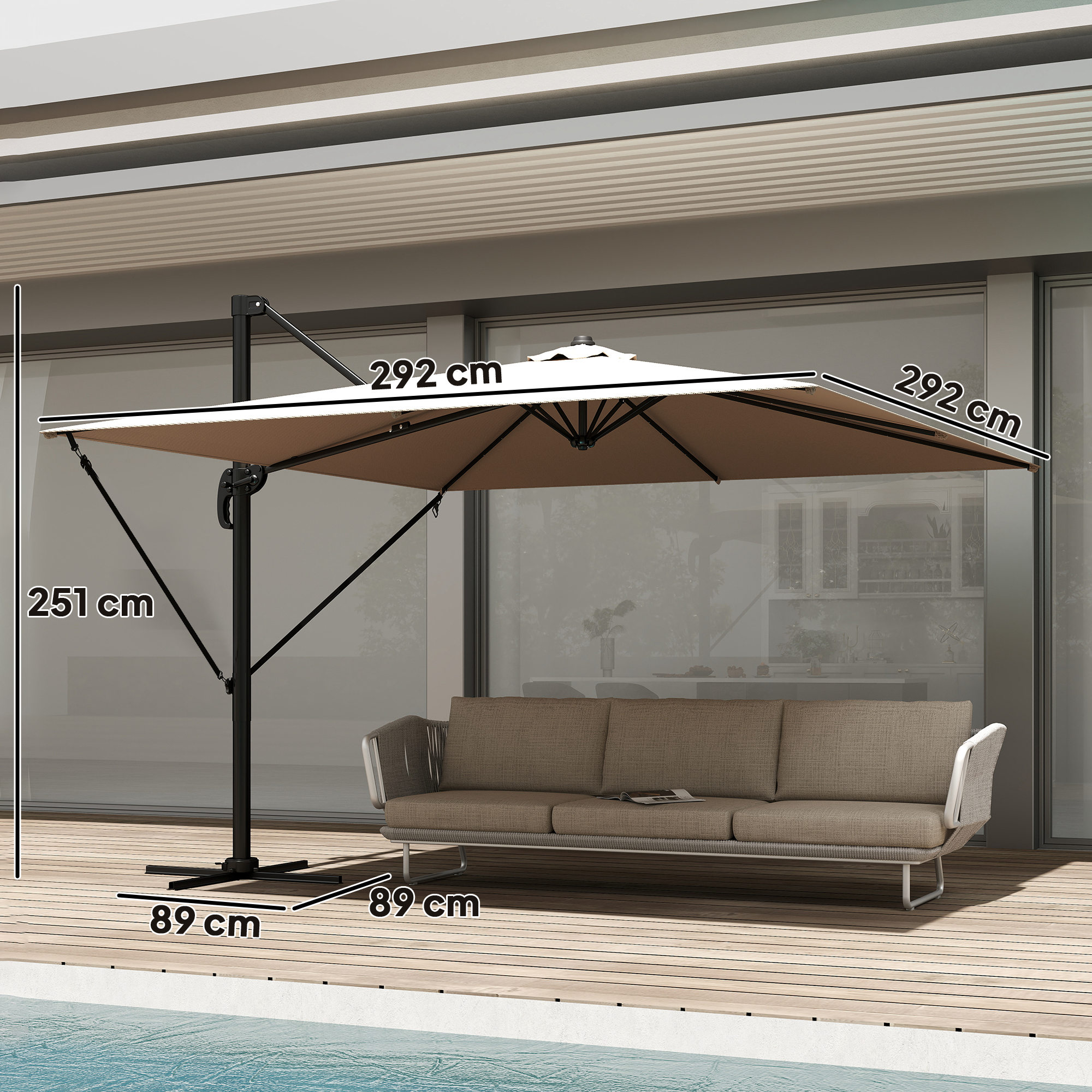  Umbrela de Gradina 3x3m Decentralizata cu Baza in Forma de Cruce si Acoperis, din Aluminiu, Kaki [2]