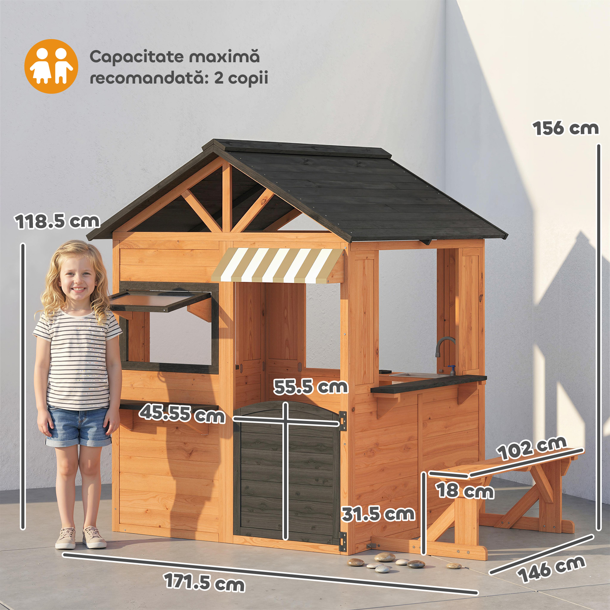 Casuta de Gradina pentru Copii din Lemn de Brad, Casuta pentru Exterior cu Bucatarie, 4 Ferestre, Usa Partiala, Banca, Raft si Acoperis, pentru Copii 3-8 Ani, 171.5x146x156 cm, Maro [2]