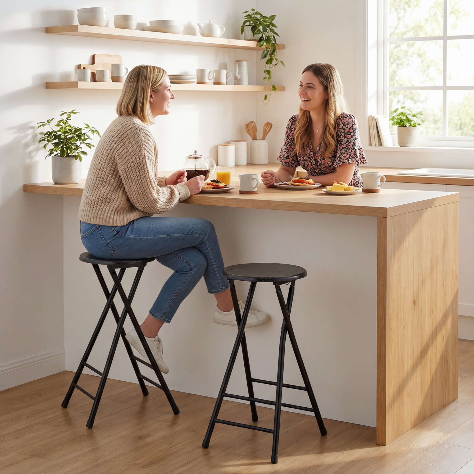  Set 4 Scaune de Bar Pliabile cu Suport dublu pentru Picioare, din Lemn si Otel, 34x30x70 cm, Negru [7]