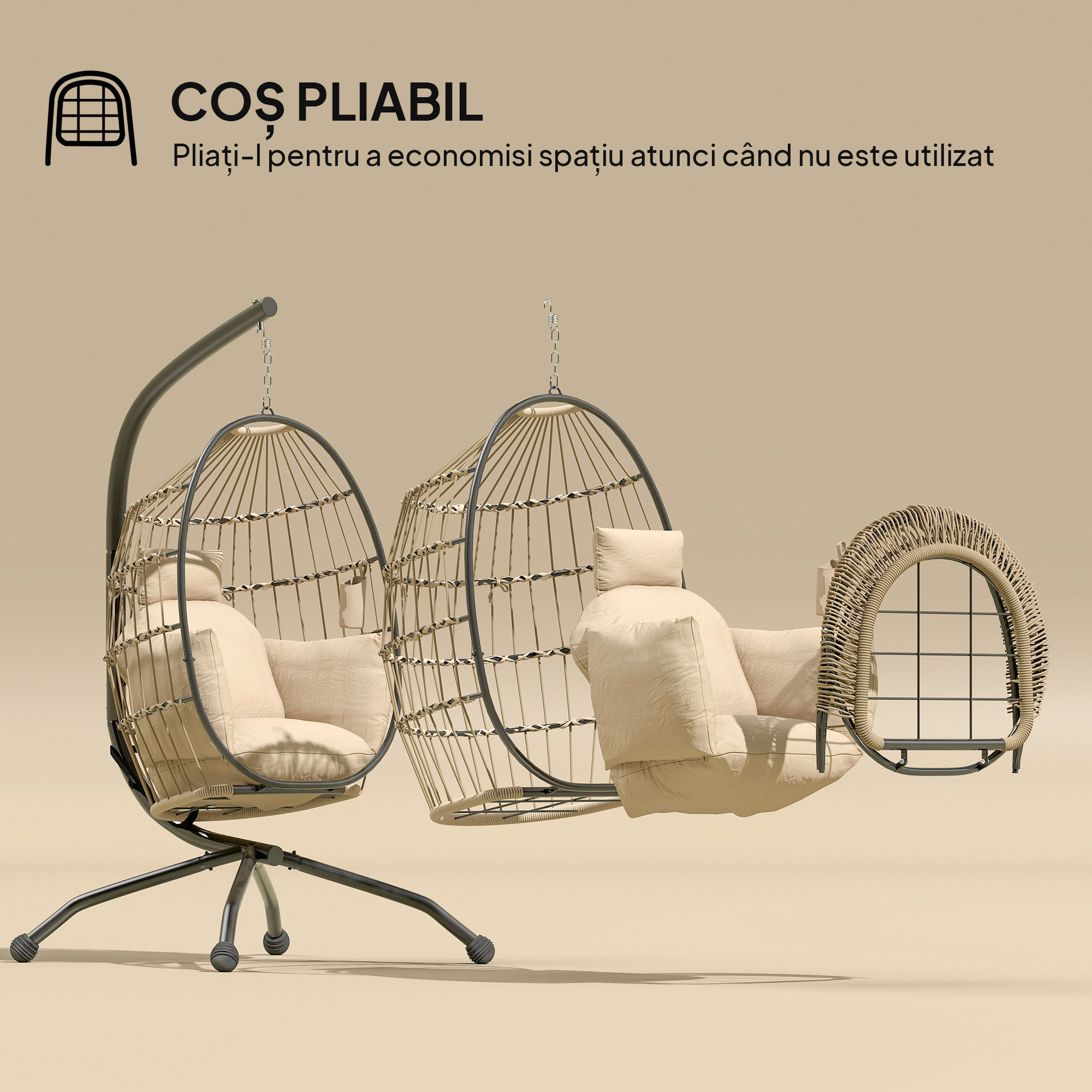  Fotoliu Suspendat Tip Ou cu Lant Reglabil, 2 Perne Detasabile si Suport pentru Pahare, Scaun Balansoar Pliabil pentru Gradina, Baza in X din Otel, pentru Interior si Exterior, 120x88x192 cm, Bej [4]