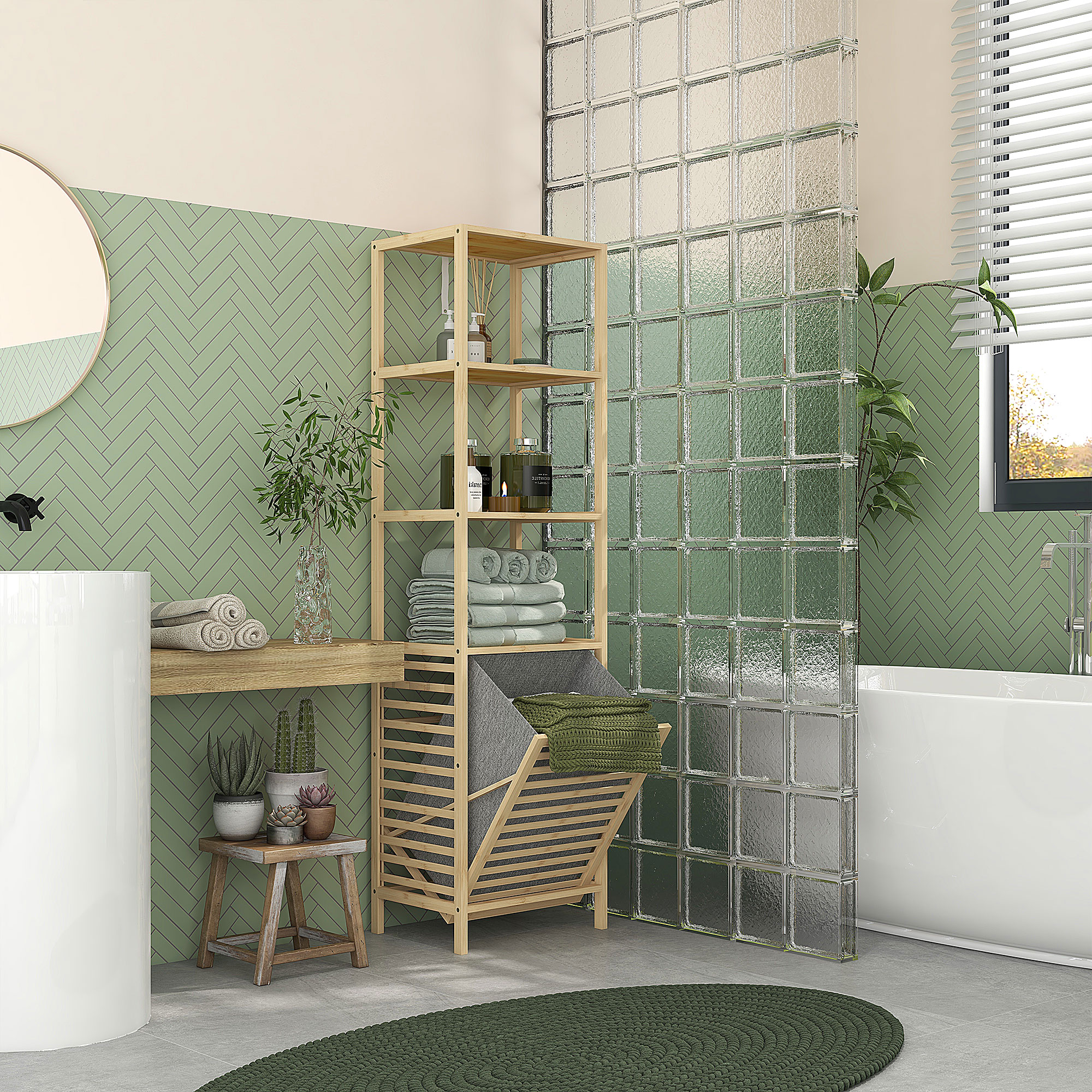  Coloana de baie cu 3 rafturi din lemn de bambus si cos de rufe din material textil, 44x33x160cm [1]