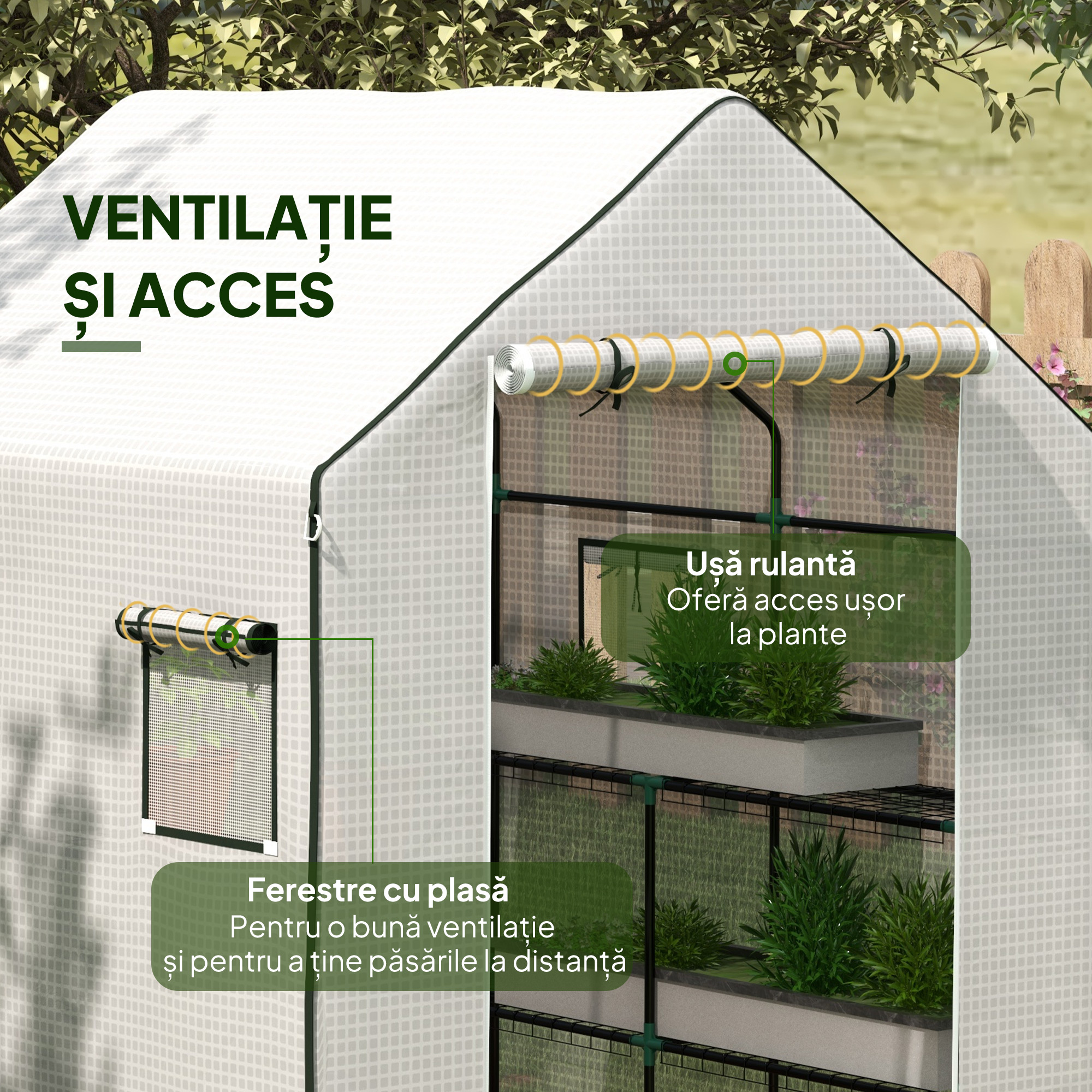  Acoperis de inlocuire pentru Sera Walk-in din PE cu Usa Rulabila si Ferestre, 140 x 143 x 190cm, Alb [5]