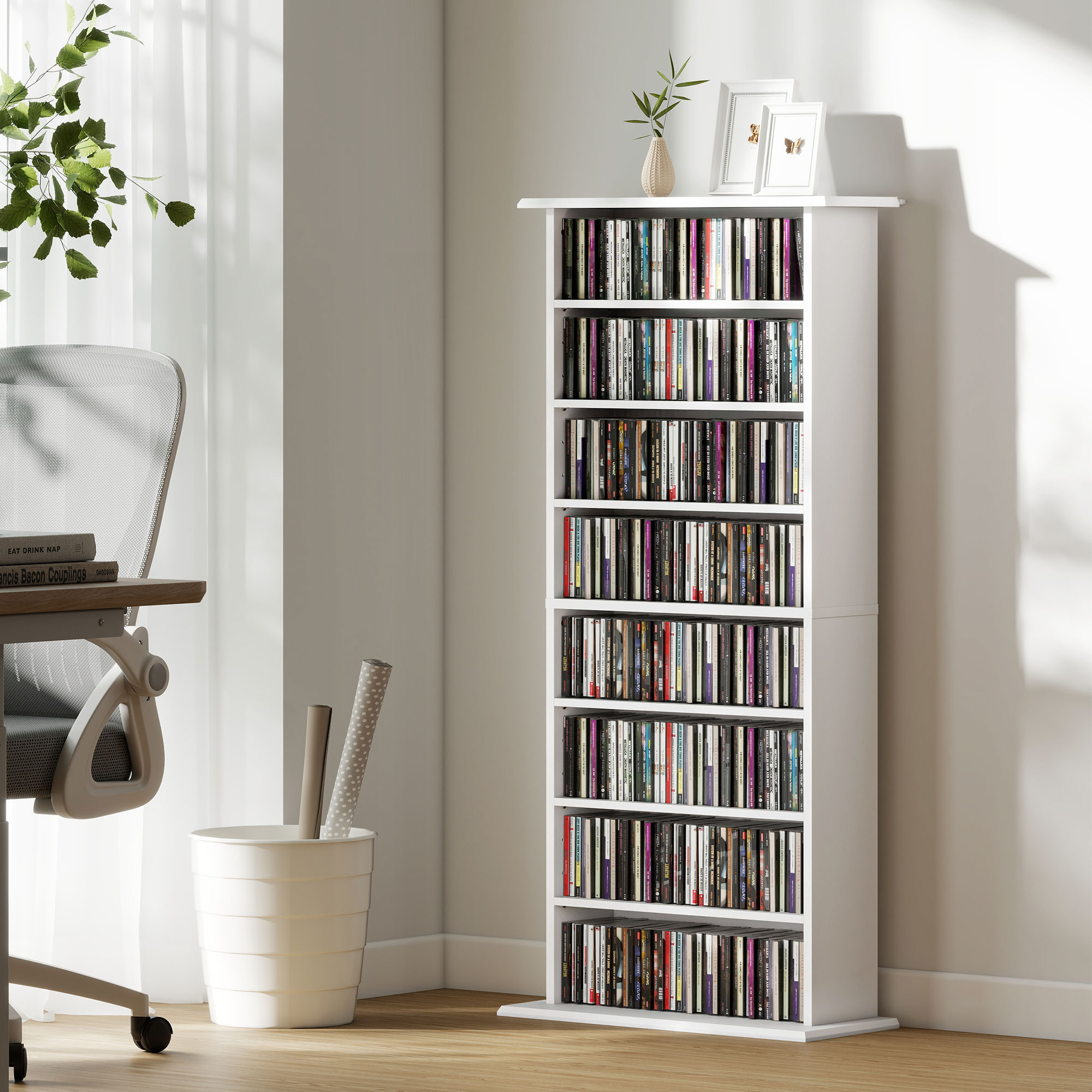  Raft pentru CD-uri cu 6 rafturi reglabile, capacitate de 360 CD-uri/185 DVD-uri, 58x24x124.5 cm, alb [1]