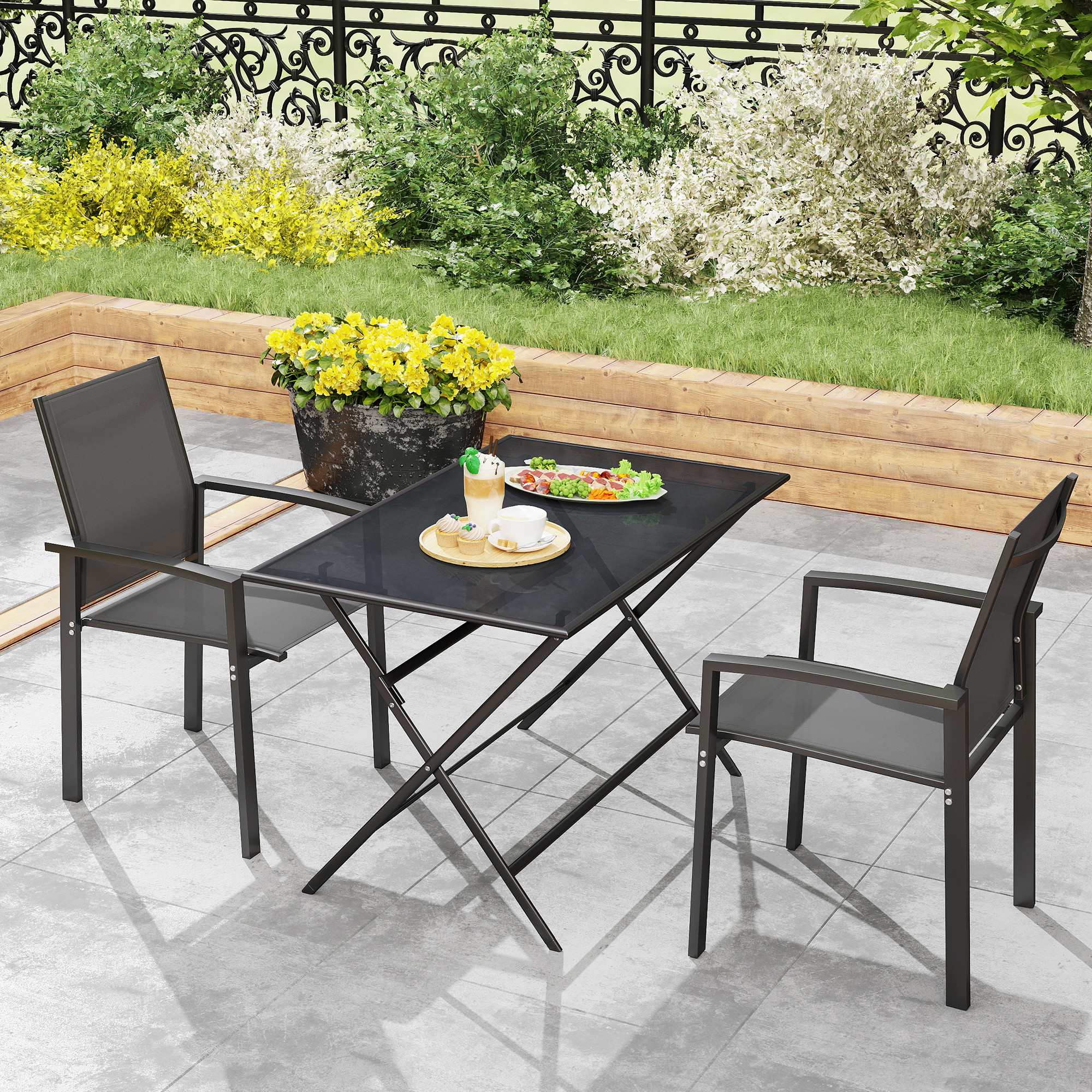  Set 2 Scaune de Gradina Stivuibile cu sezut Respirabil, din Aluminiu si Textilen, 56x58x89 cm, Gri Carbune [7]