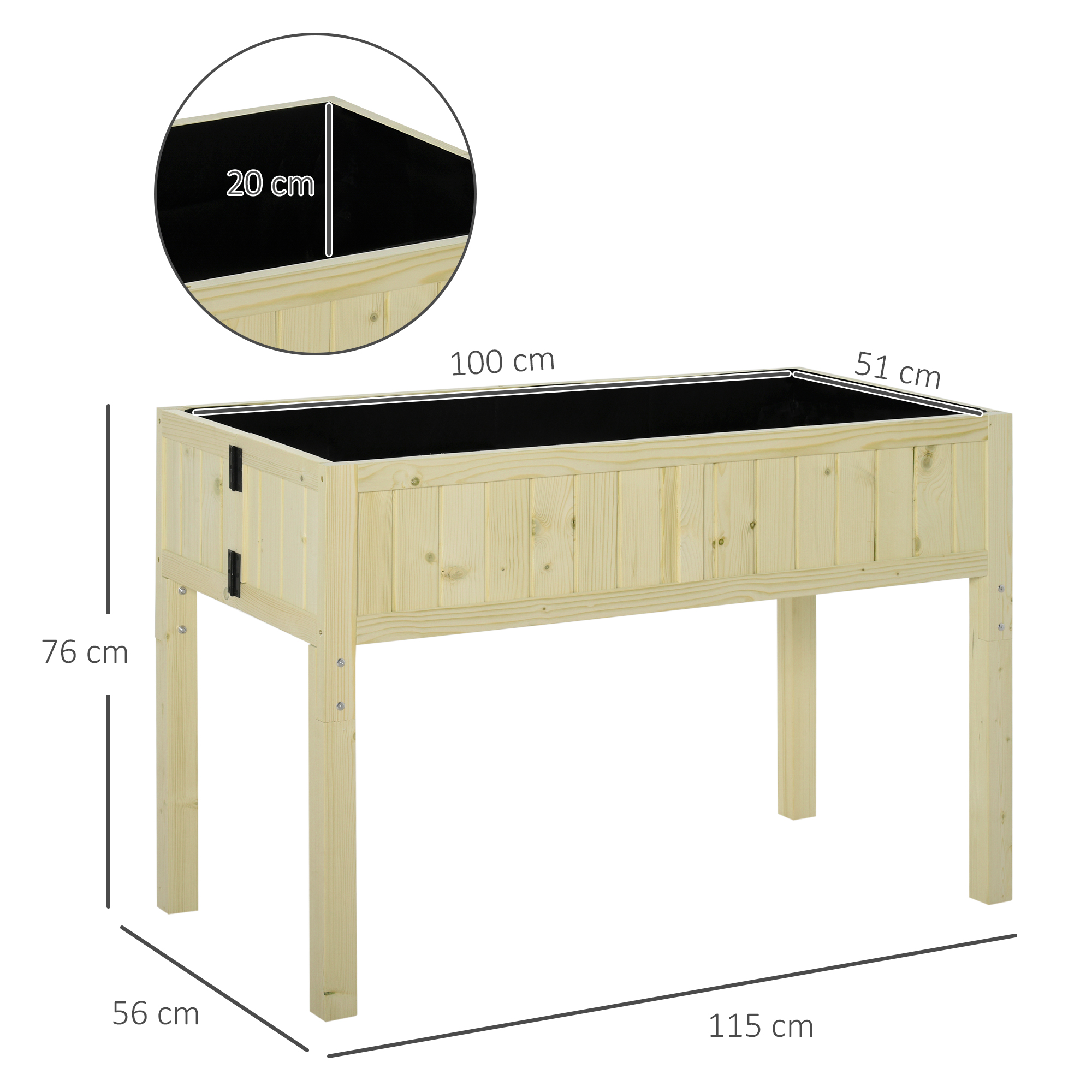  Jardiniera Ridicata Pliabila, Pat pentru Gradina in Lemn de Brad cu 4 Orificii de Drenaj, pentru Gradina, Terasa, Balcon, 115x56x76 cm, Culoare Lemn [2]