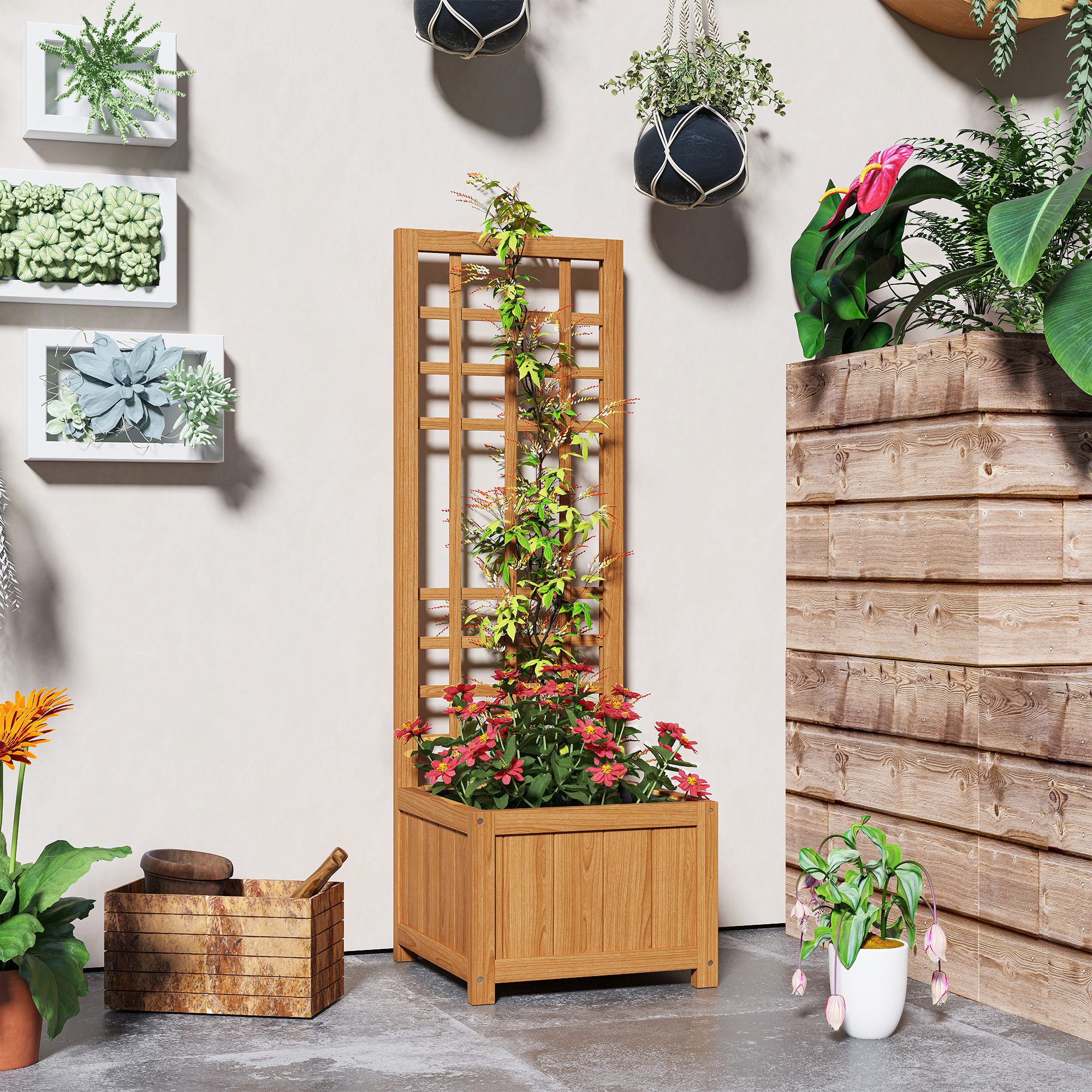  Pat inaltat pentru Gradina cu Grilaj si Orificiu de Drenaj, 40x40x120 cm, Maro Deschis [7]