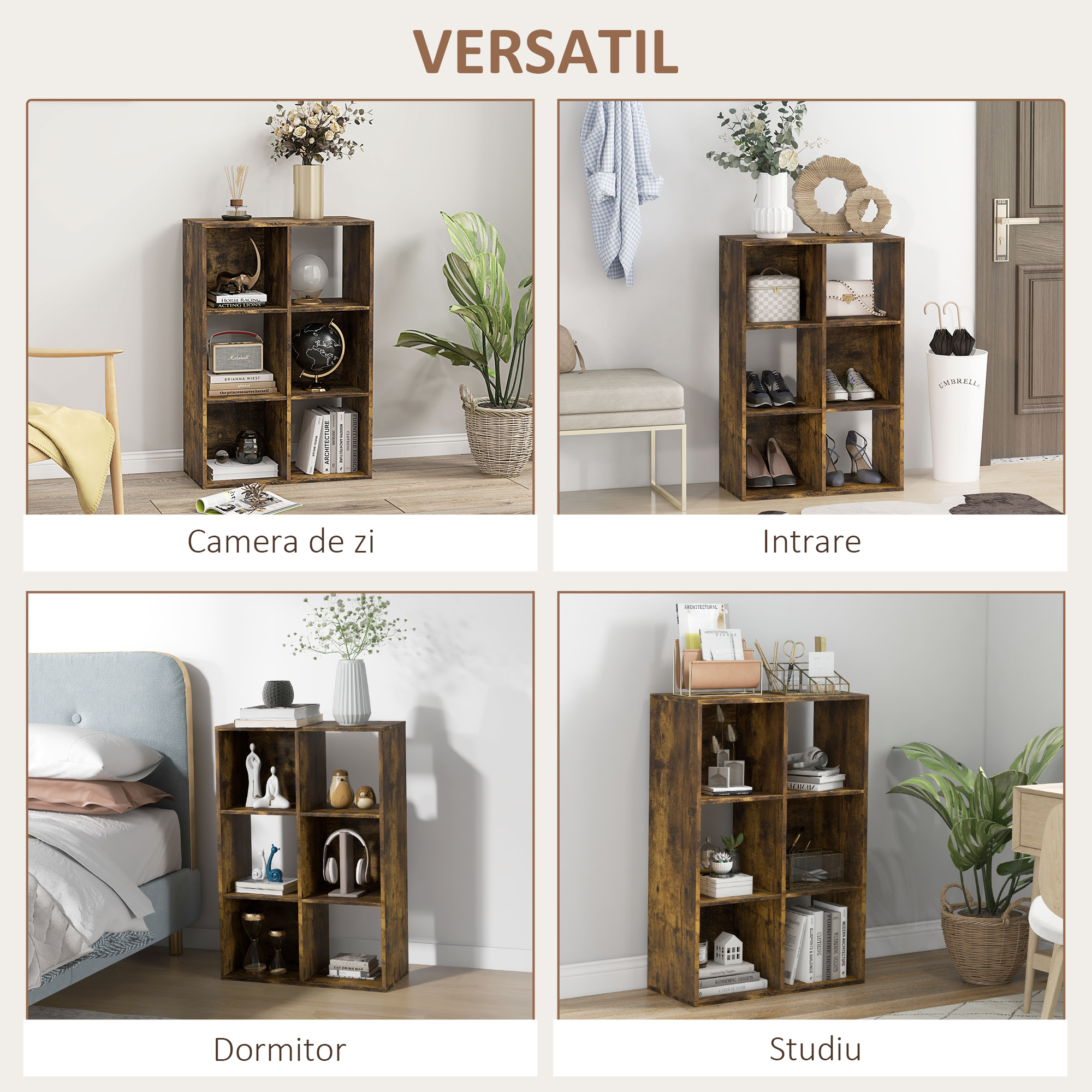  Libreria a Cubi con 6 Ripiani Portaoggetti in Legno dal Design Rustico, 61.5x29.5x91.5 cm, Marrone [5]