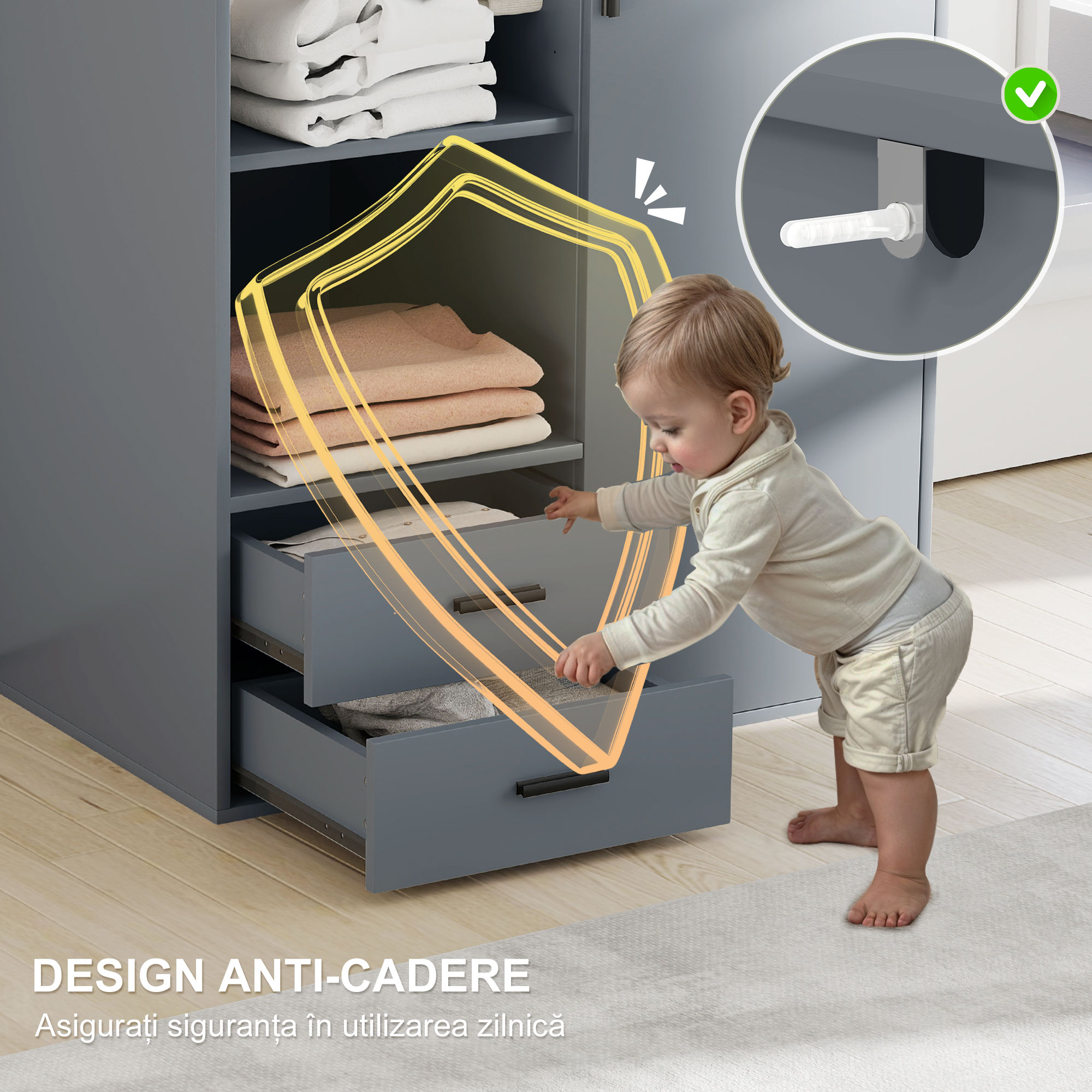  Dulap cu 2 Sertare, Rafturi Deschise si Bara Umerase, Gri [5]