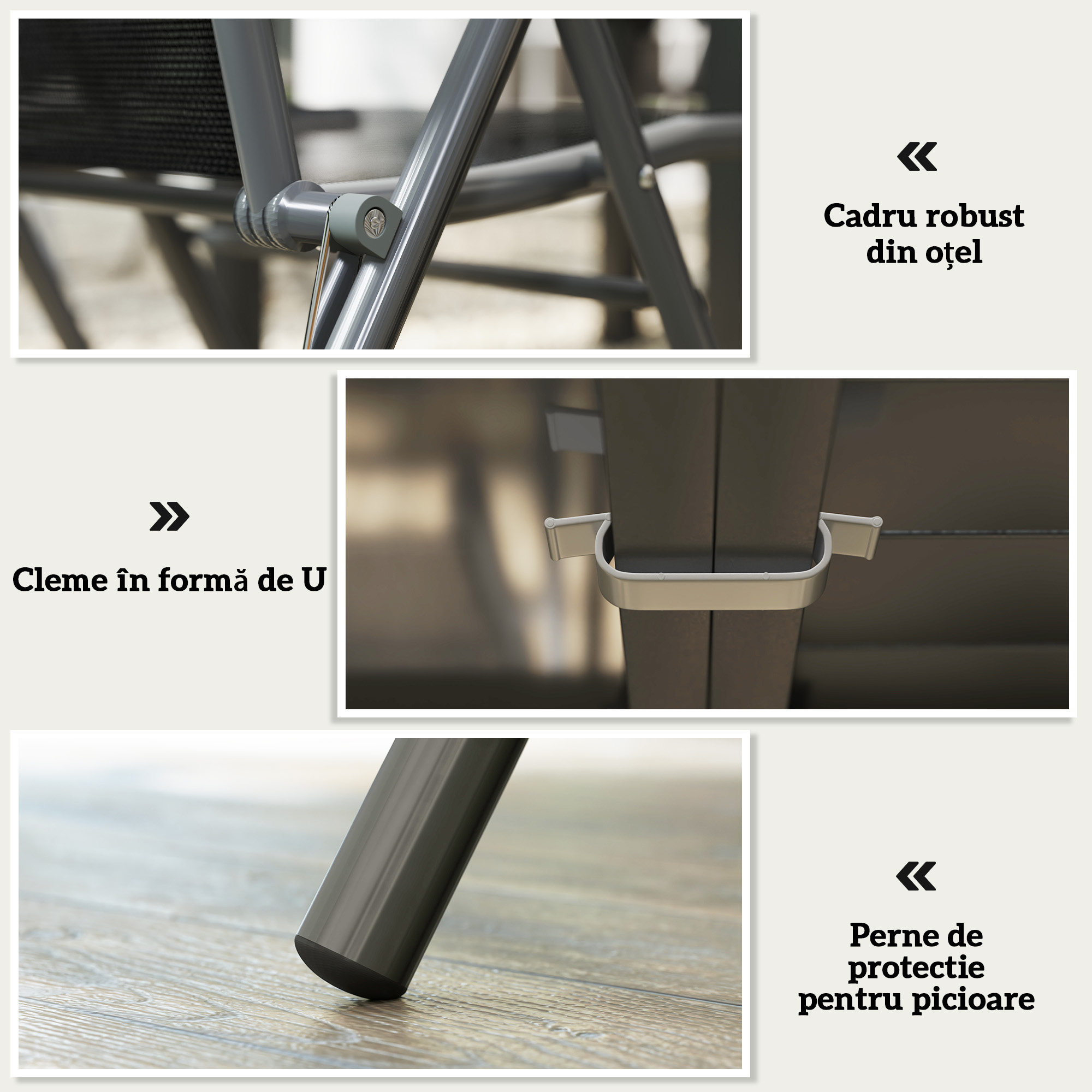  Set de Gradina din 7 Piese cu Masa Extensibila si 6 Scaune Pliabile cu Brate, 90/180x90x75 cm, Gri si Negru [7]