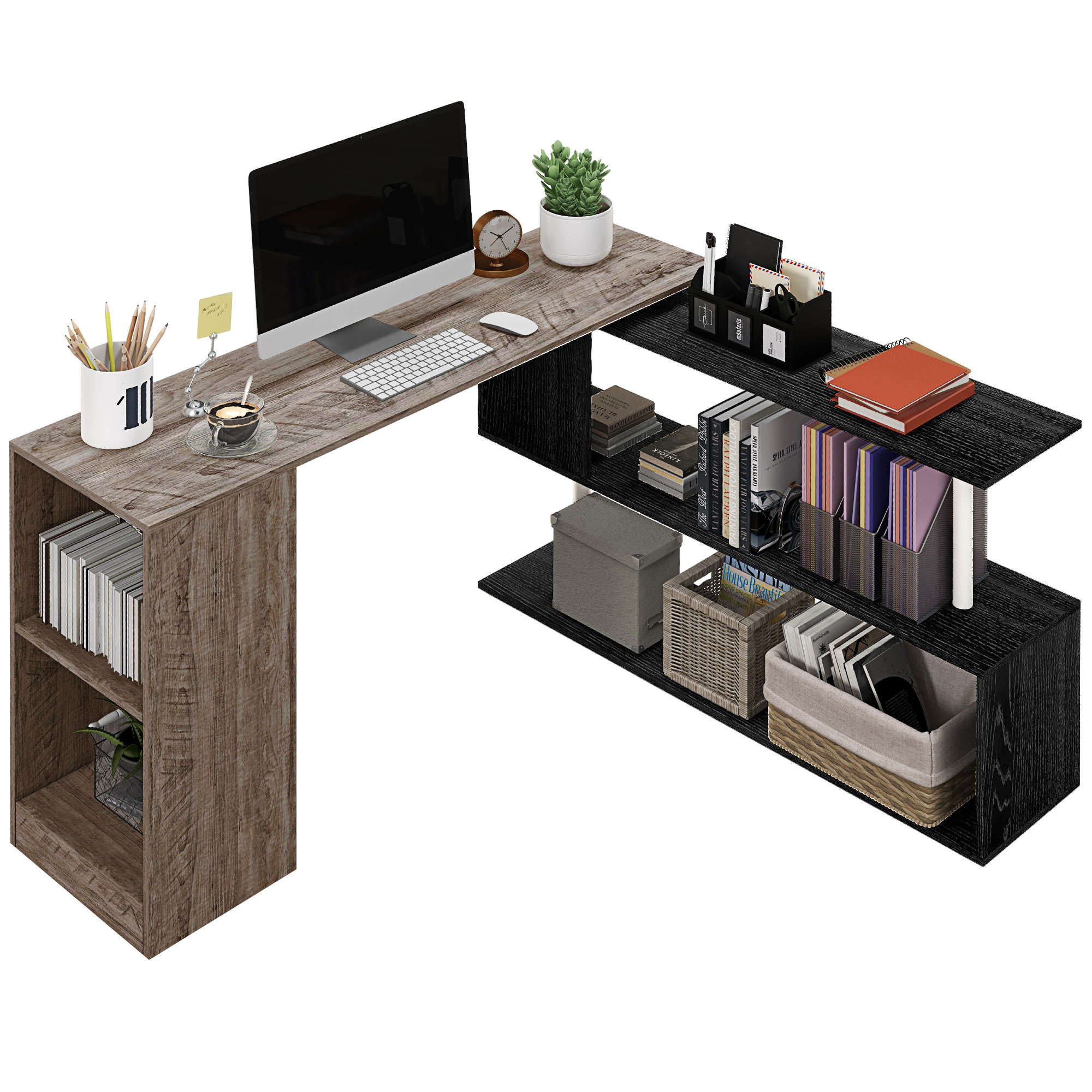 Dormitor & birou -  Birou de colt compact cu raft in forma de S, din lemn, 140x120x78 cm, gri cu aspect de lemn