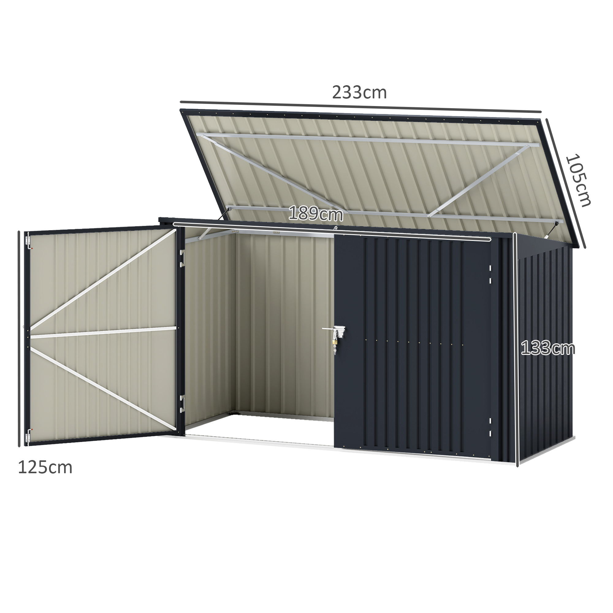  Cutie Depozitare Pubele pentru 3 Recipiente de 240L cu 2 Usi si incuietori, 233x105x118,5/133 cm, Gri [2]