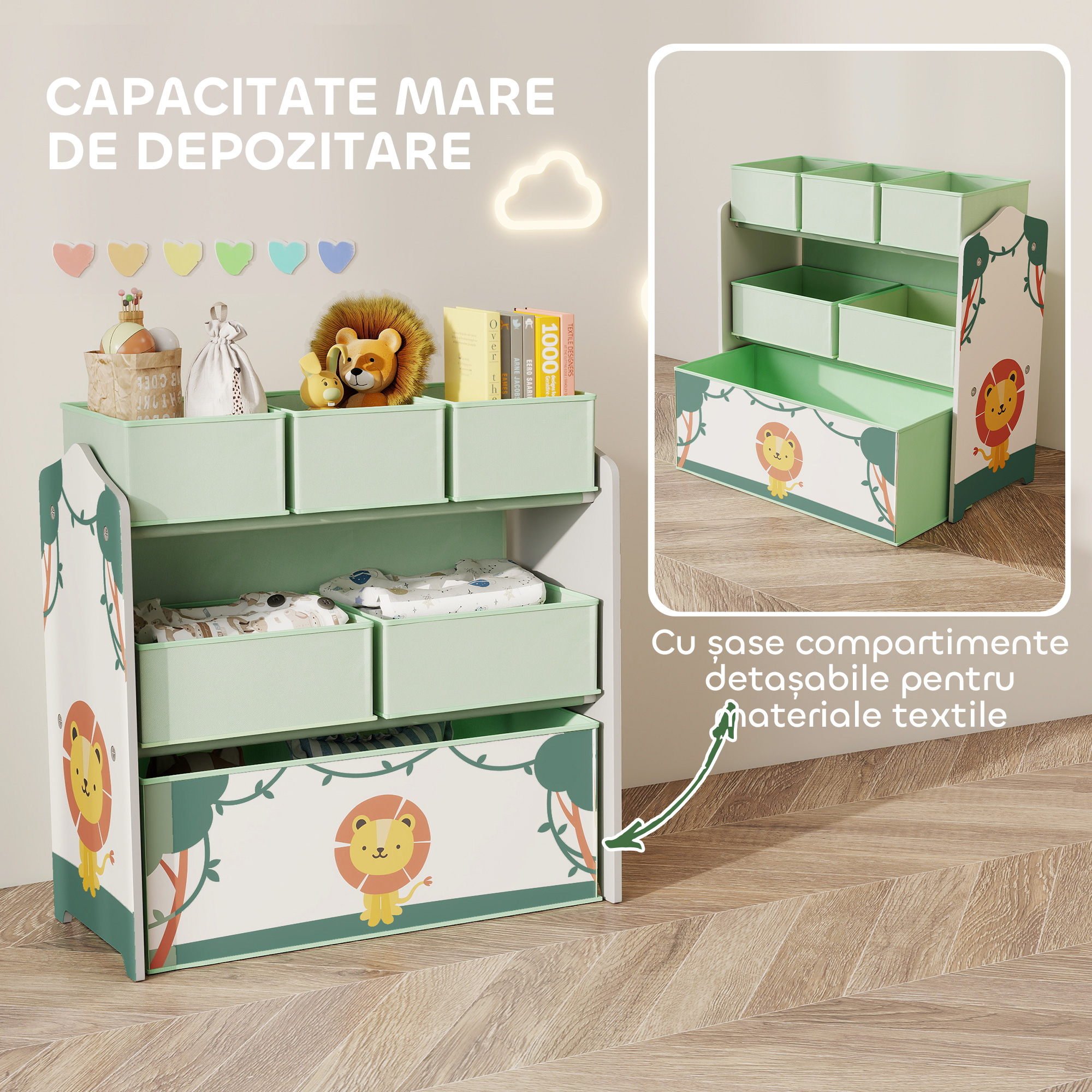  Raft Portabil pentru Jucarii Copii cu 3 Niveluri si 6 Containere Detasabile din Material Textil, Mobilier pentru Camera Copii, Sufragerie si Spatiu de Joaca, Verde [3]