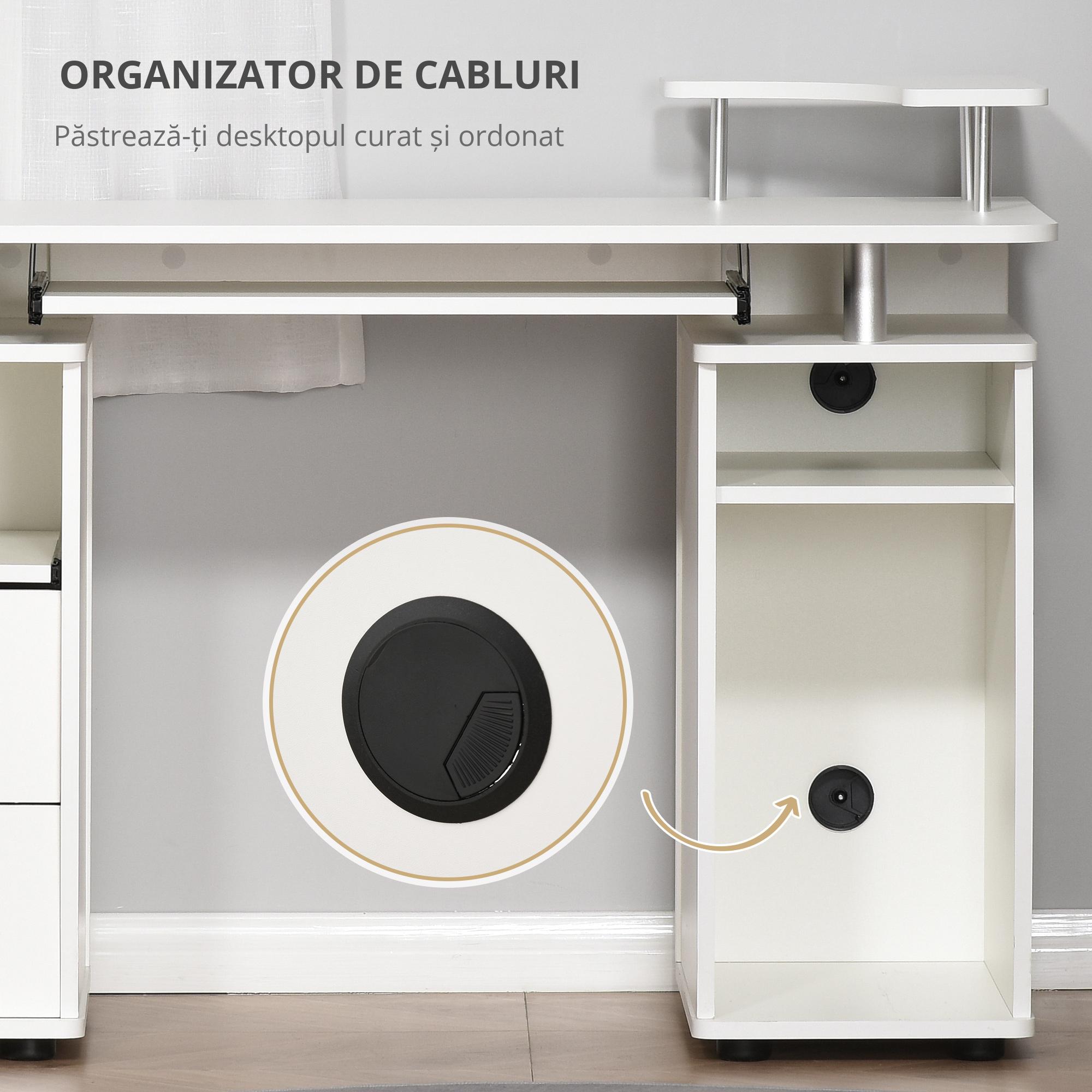  Birou pentru PC cu Polita pentru Tastatura si Monitor si 2 Sertare, 120x55x85 cm, Alb [4]