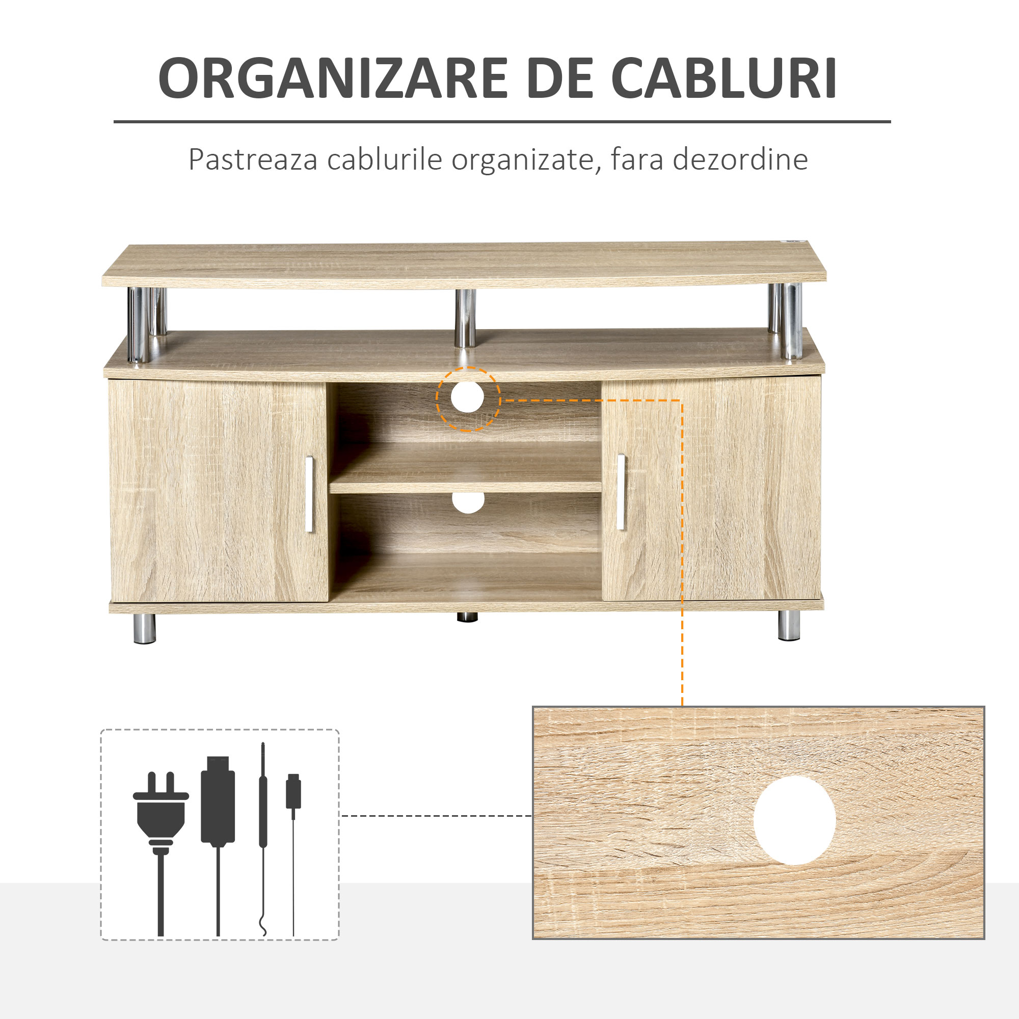  Mobilier TV Modern cu 2 Rafturi, Gauri cablu si 2 Dulapioare in PAL 105x40x55cm Stejar [4]